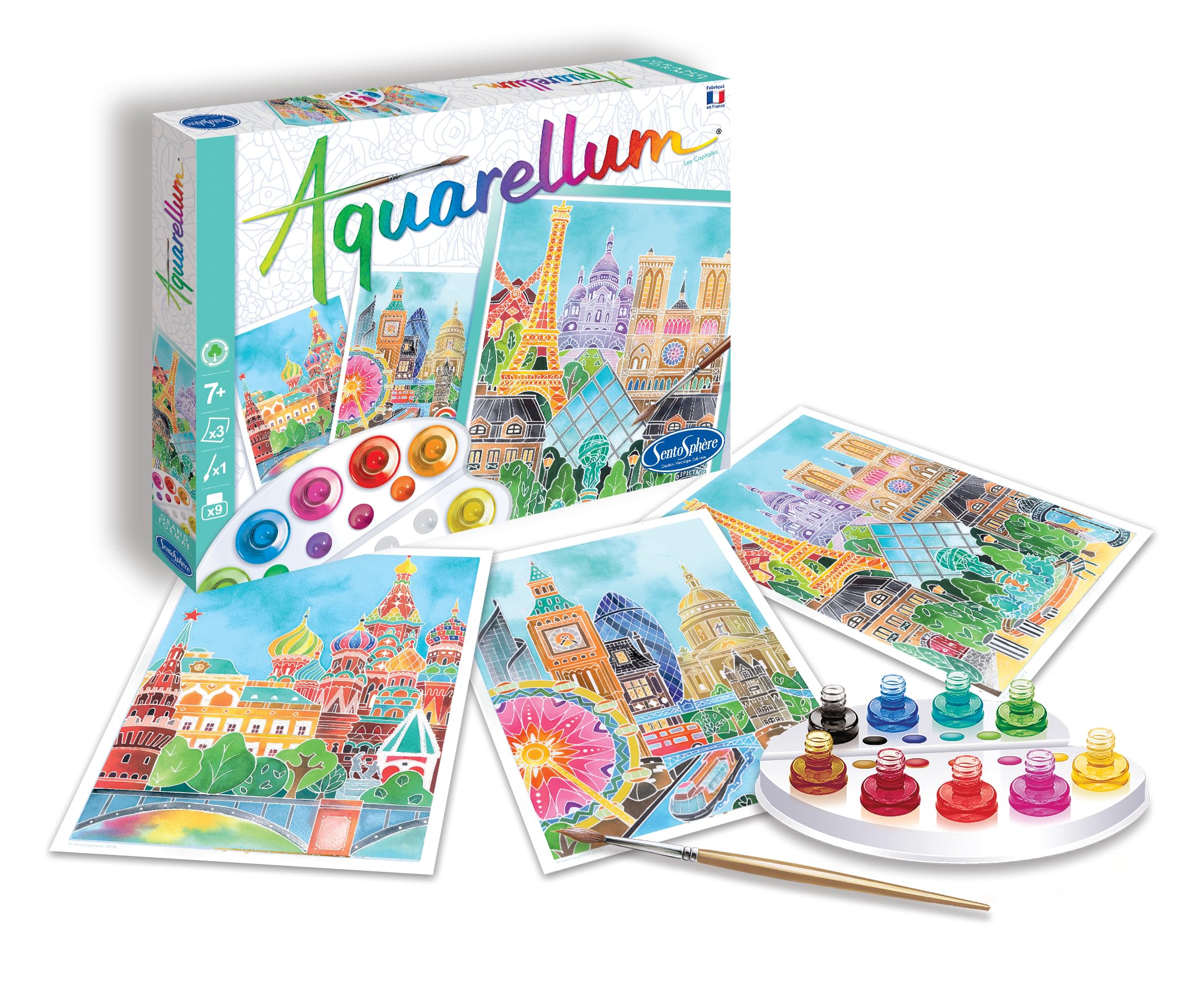 Sentosphère – Aquarellum grand format - - CAPITALES - Kit peinture aquarellable - Activité créative avec 3 tableaux 32,​5 x 25 cm – 9 peintures incluses - 7 à 99 ans - Fabriqué en France - 6397