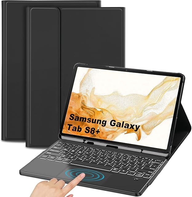 JANOLTY Keyboard Case for Samsung Tab S7 FE & Tab S7+/Tab S7 Plus, QWERTY Bluetooth Backlit Samsung Galaxy Tab S7 FE 12.4 inch 2021 Keyboard with Touchpad, Black