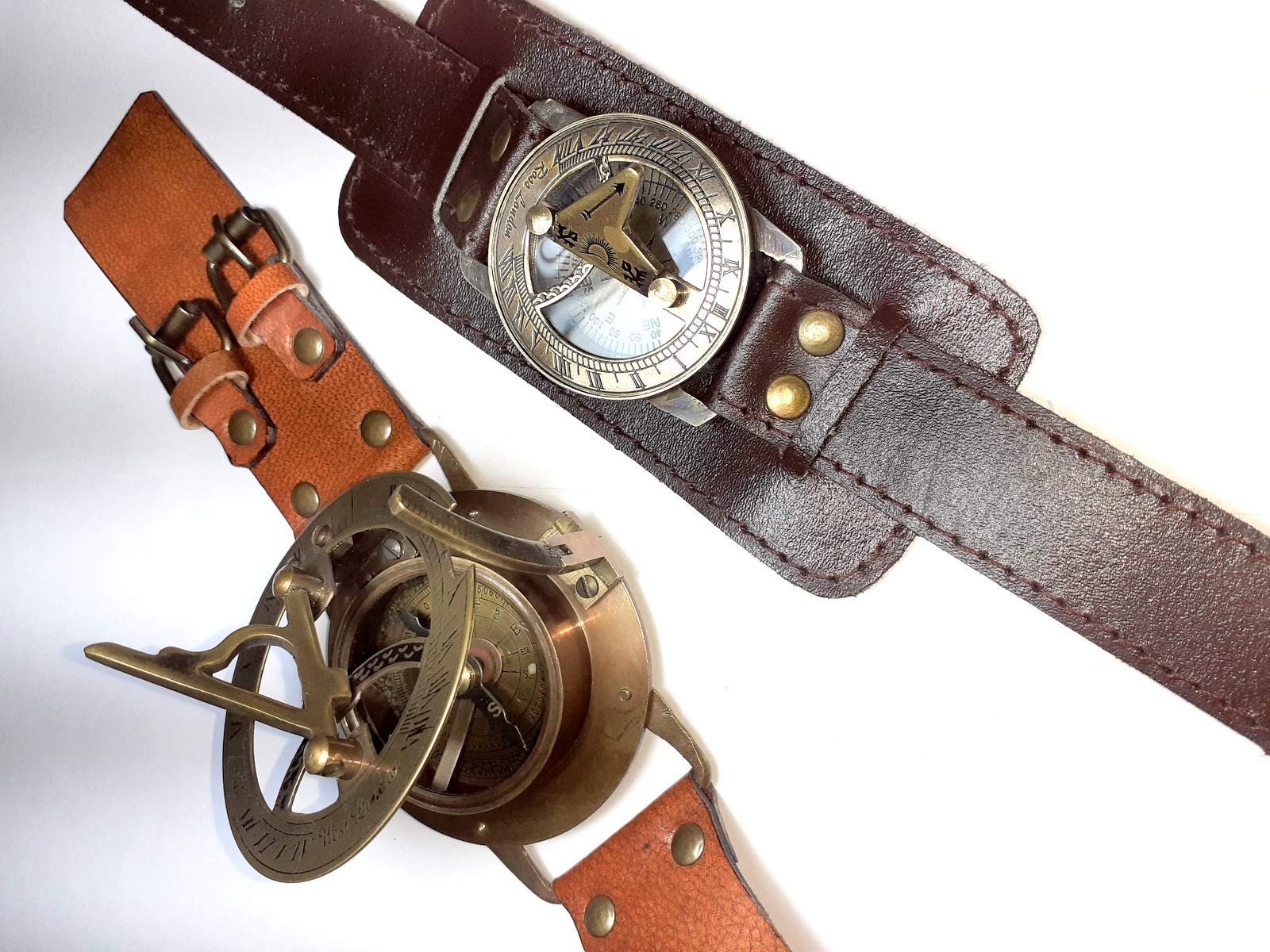 Reloj de pulsera Steampunk con brújula de latón y reloj de sol con correa de cuero, reloj solar de aprox. 15.4 x 6.4 x 2.9 pulgadas, Marrón, Antiguo
