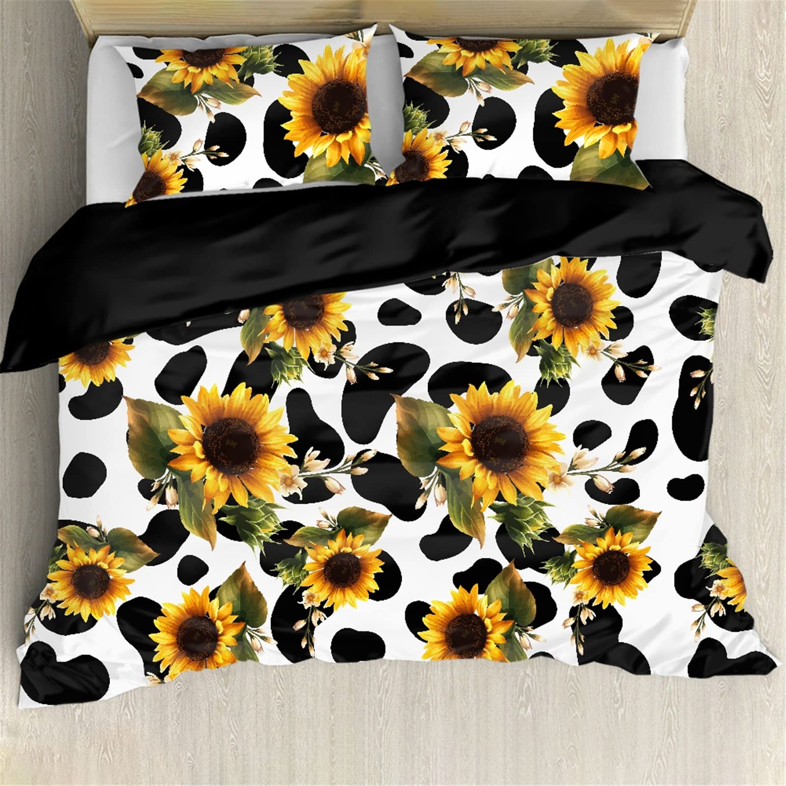 JEOCODY Cow Pattern and Sunflowers Polyester Quilt Cover Pattern Bed Coverlets for Kids Girls Boys Women Men Beige Lining
