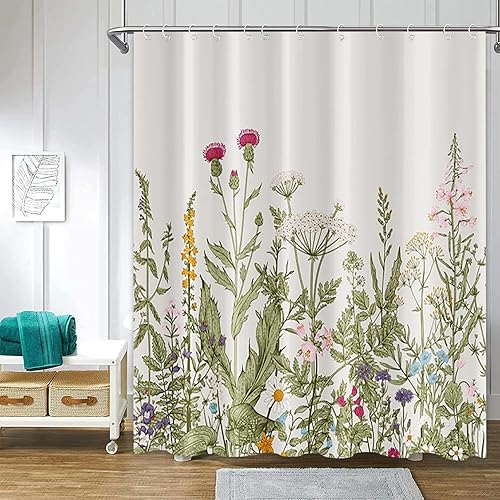 ChloropLastid Cortina de ducha de eucalipto gris, hojas de salvia coloridas, cortina de ducha floral para baño, primavera, naturaleza, flores