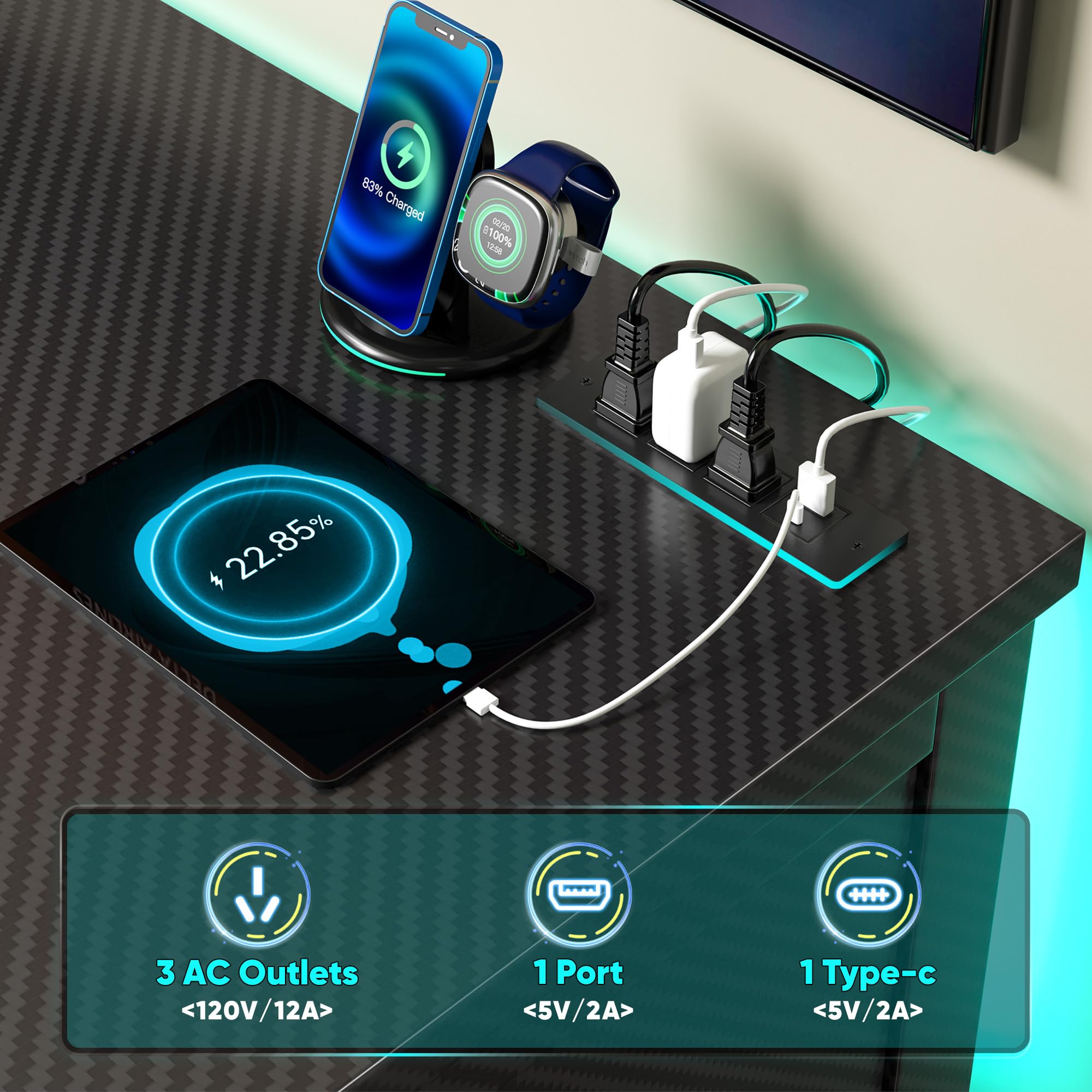 TV Stand with Mount and LED Lights Swivel TV Stand for 70 inch TV Modern Wood Entertainment Center with Power Outlet for Living Room, Gaming Console for Bedroom, Carbon Fiber Black