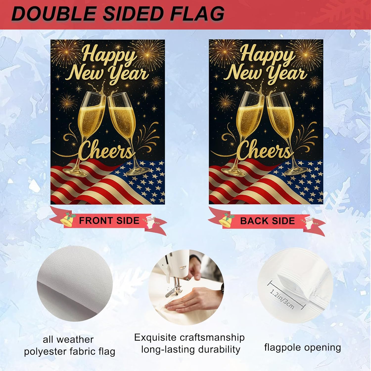 IVN Happy New Year Champagne Toast Garden Flag 12x18 Inch Double Sided Garden Flag Decorative Yard Flag for Outdoor New Year Seasonal Rustic Yard Lawn Outdoor Decor - Image 4