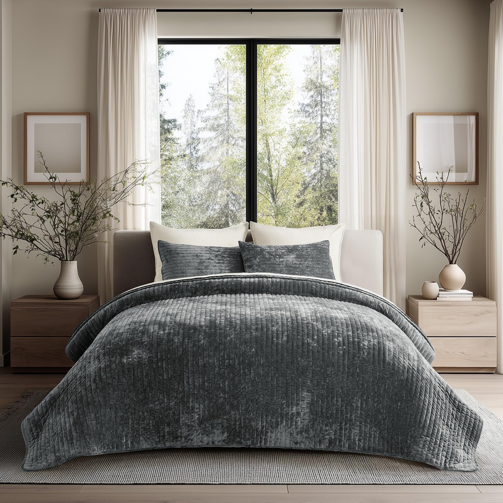 Photo 1 of EverGrace Velvet Quilt Set Queen Charcoal Gray