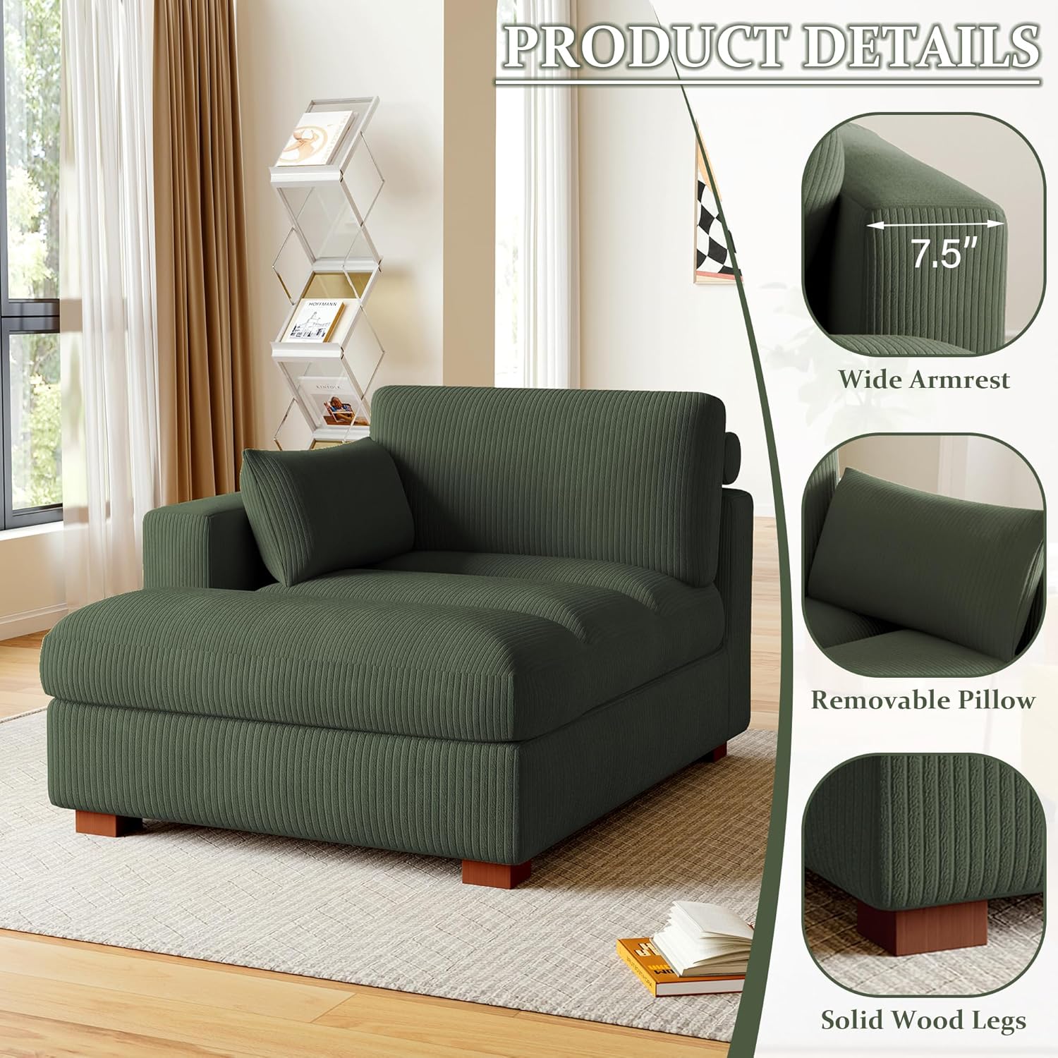 Chaise Lounge Indoor, Oversized Corduroy Sofa Chair with Right Armrest and Throw Pillows for Bedroom, Living Room - Green