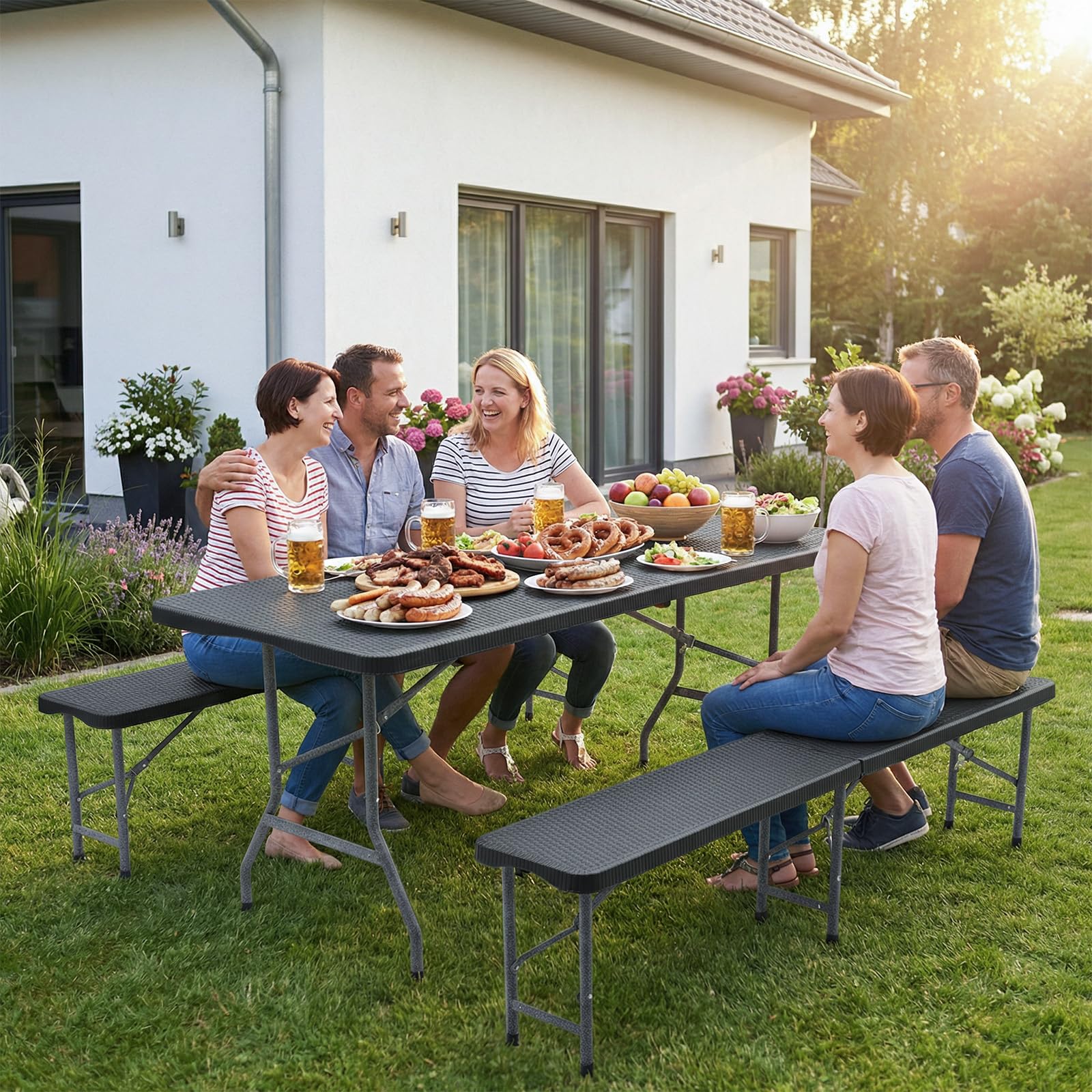 Sekey Tavolo da buffet pieghevole in plastica, 180 x 74 x 74 cm, effetto rattan, con maniglia, per giardino, terrazza e balcone, tavolo da campeggio per 6 persone (nero)