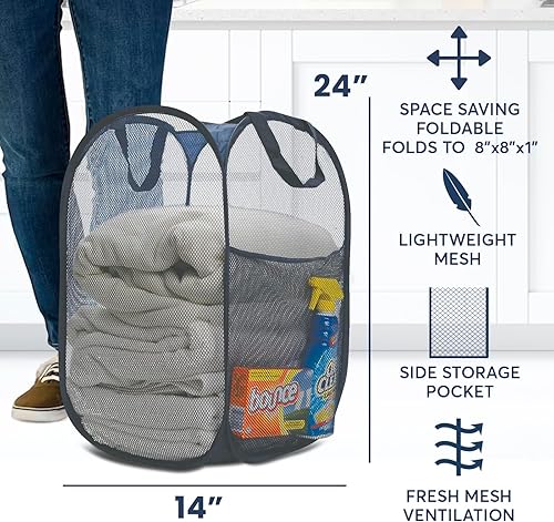 Miniatura 2 de Cesta de malla de alta resistencia para ropa sucia, artículos esenciales para el hogar y la universidad, color azul marino (14 x 14 x 24 pulgadas)