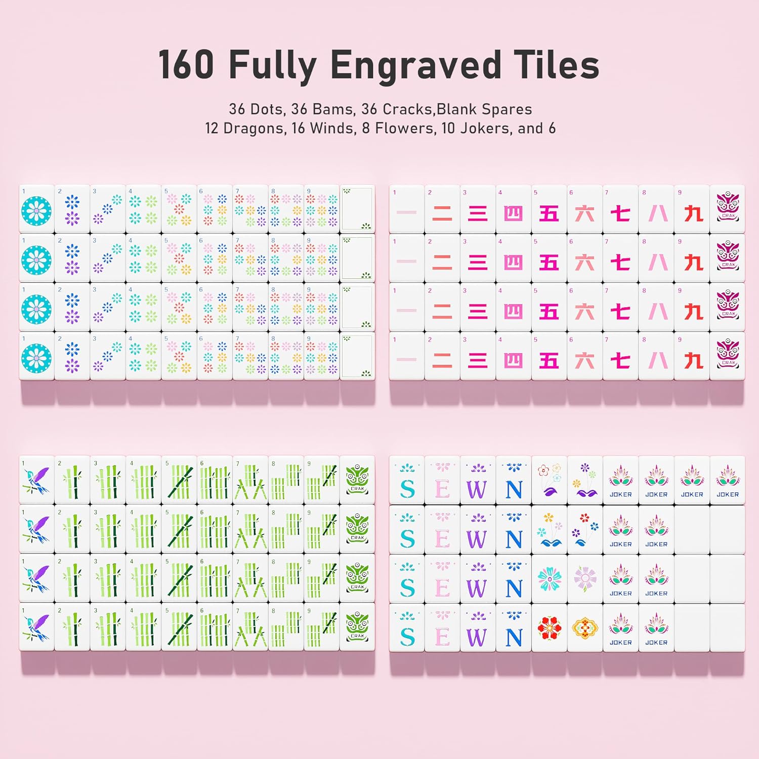 Pink American Mahjong Tile Set-160 Engraved Melamine Mahjong Tiles 1.2 with Mahjong Tiles Bag and Mahjong Accessories Suitable for Friends and Family Gatherings (Pink)