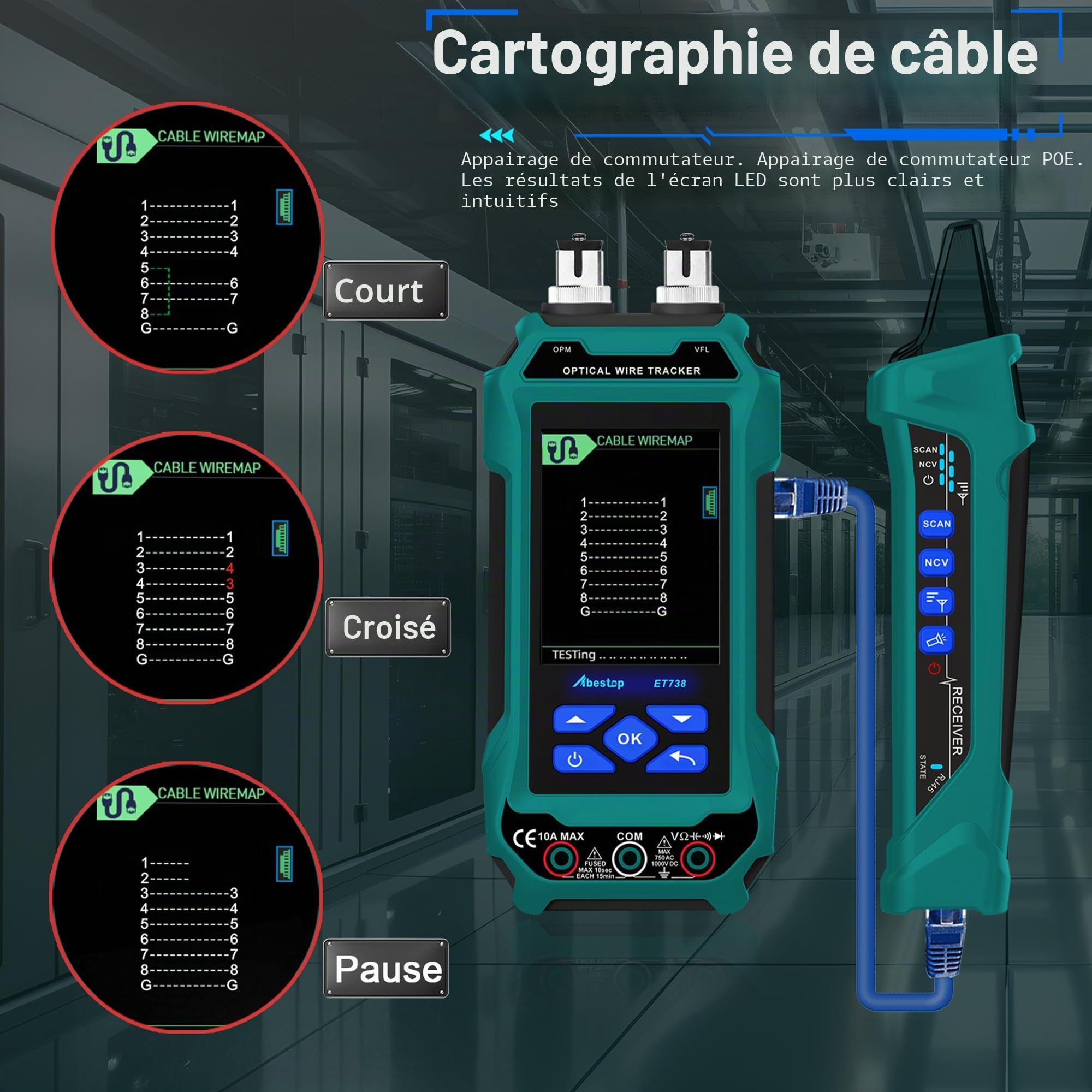 ET738 Testeur de câble réseau avec multimètre Plusieurs fonctions | Fonction PoE - Câble optique - Mesure de la longueur du câble