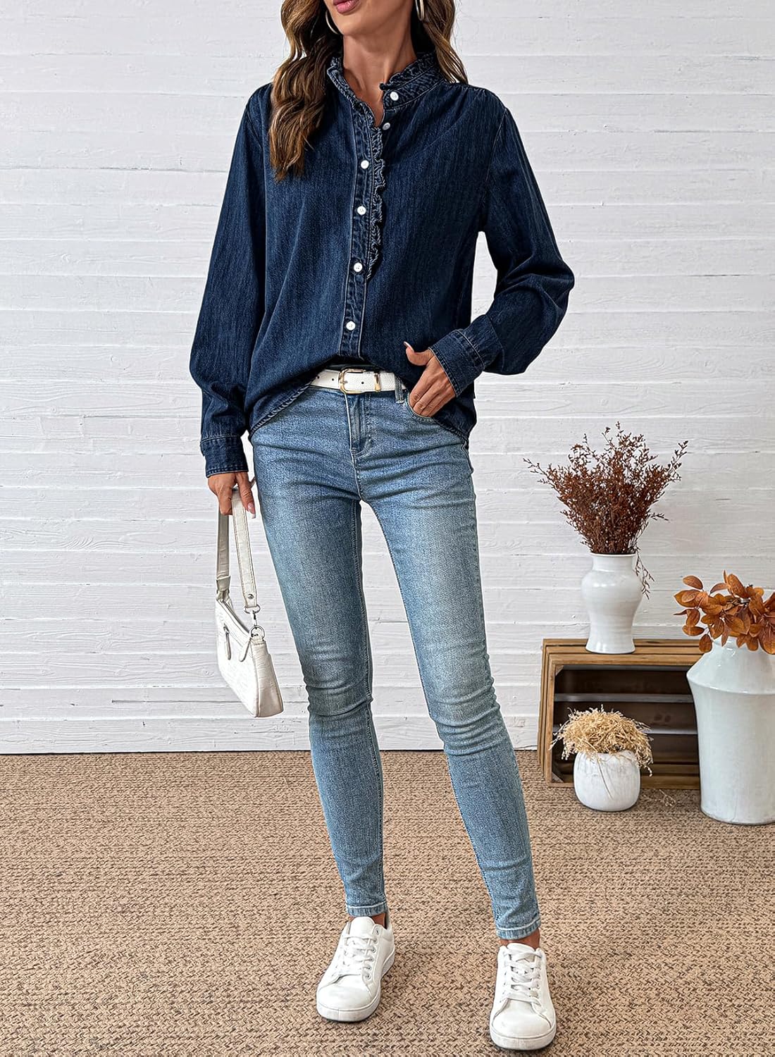 Sidefeel Womens Denim Shirt Button Down Long Sleeve Ruffled Edge Jean Blouses Tops - Image 6