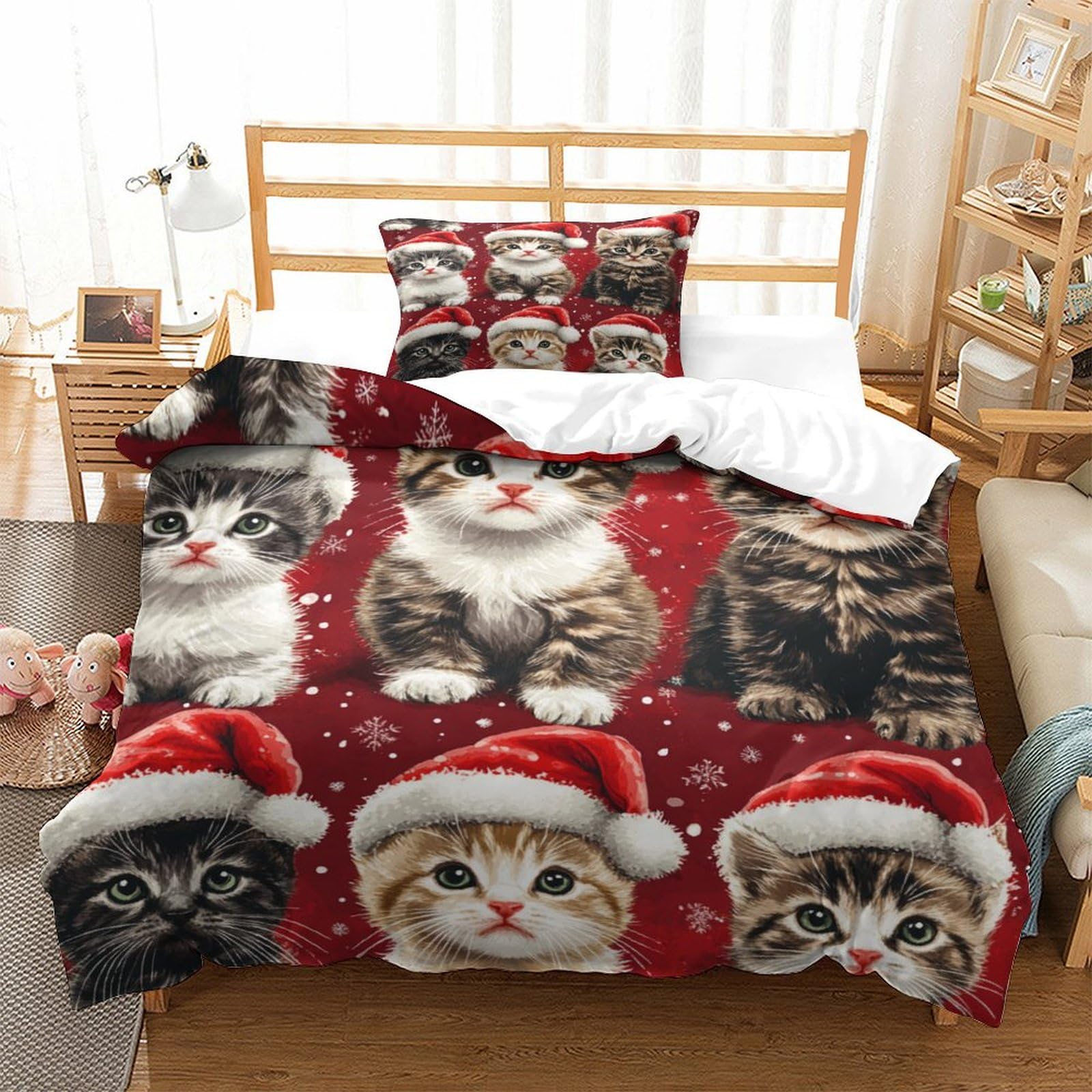 GAOYUCHUN Christmas Kitty Duvet Cover Sets 2 PCS Hotel Quality Quilt Cover Bedding Set Bed Covers with Pillowcases with Zipper Closure Ultra Soft Anti Allergic Microfiber Single（135x200cm）