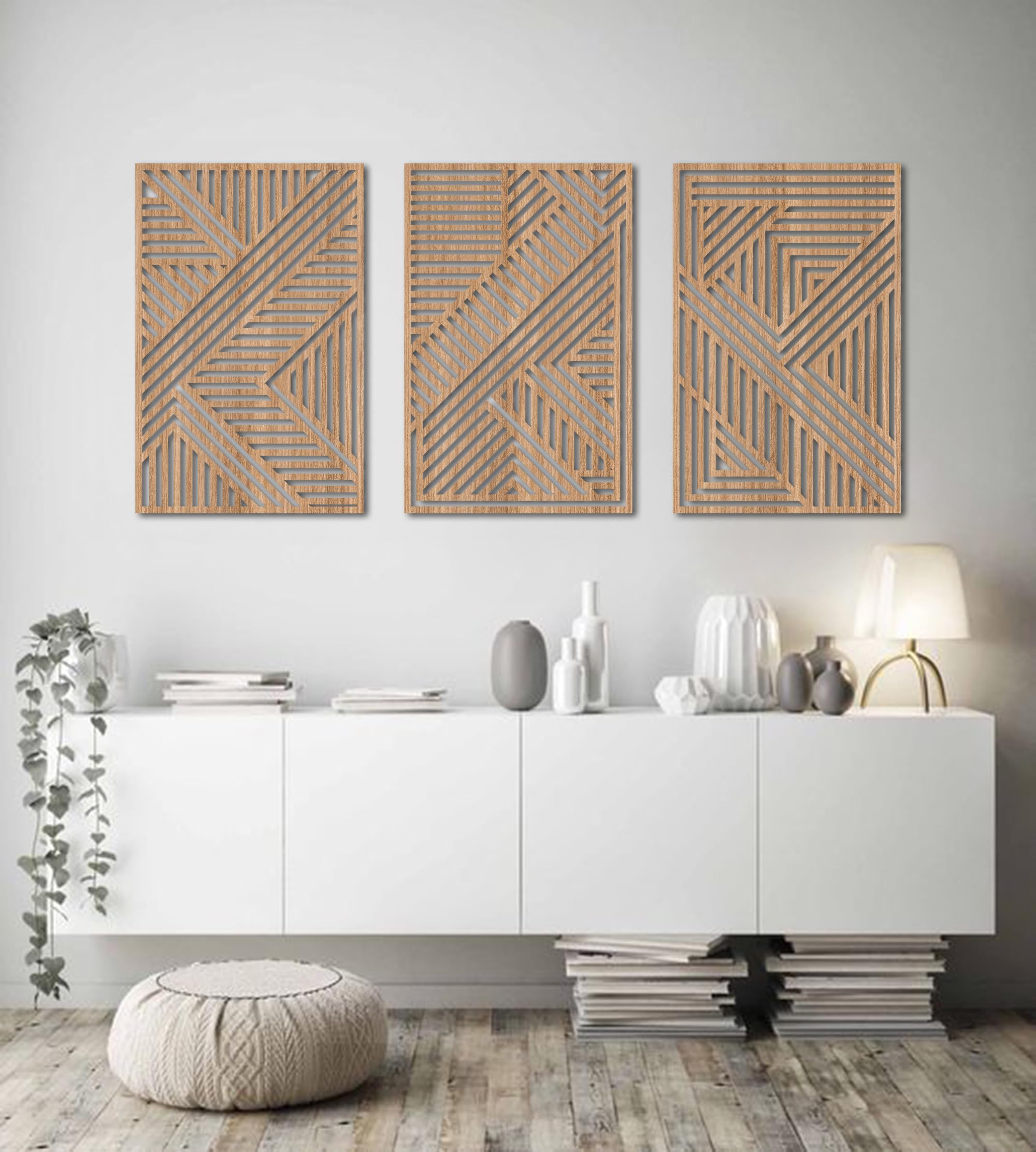 DEKORARTX Geometric Wood Wall Art Set of 3, Modern Abstract Lines