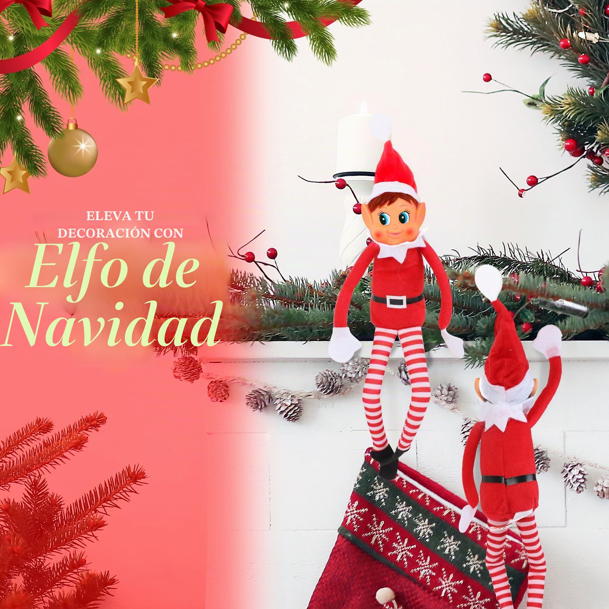 Encantadora niña elfa roja de Cuerpo Largo con Cara de Vinilo con Sombrero - 30 cm (1 Unidad) - Juguete de Peluche decoración navideña y Regalo