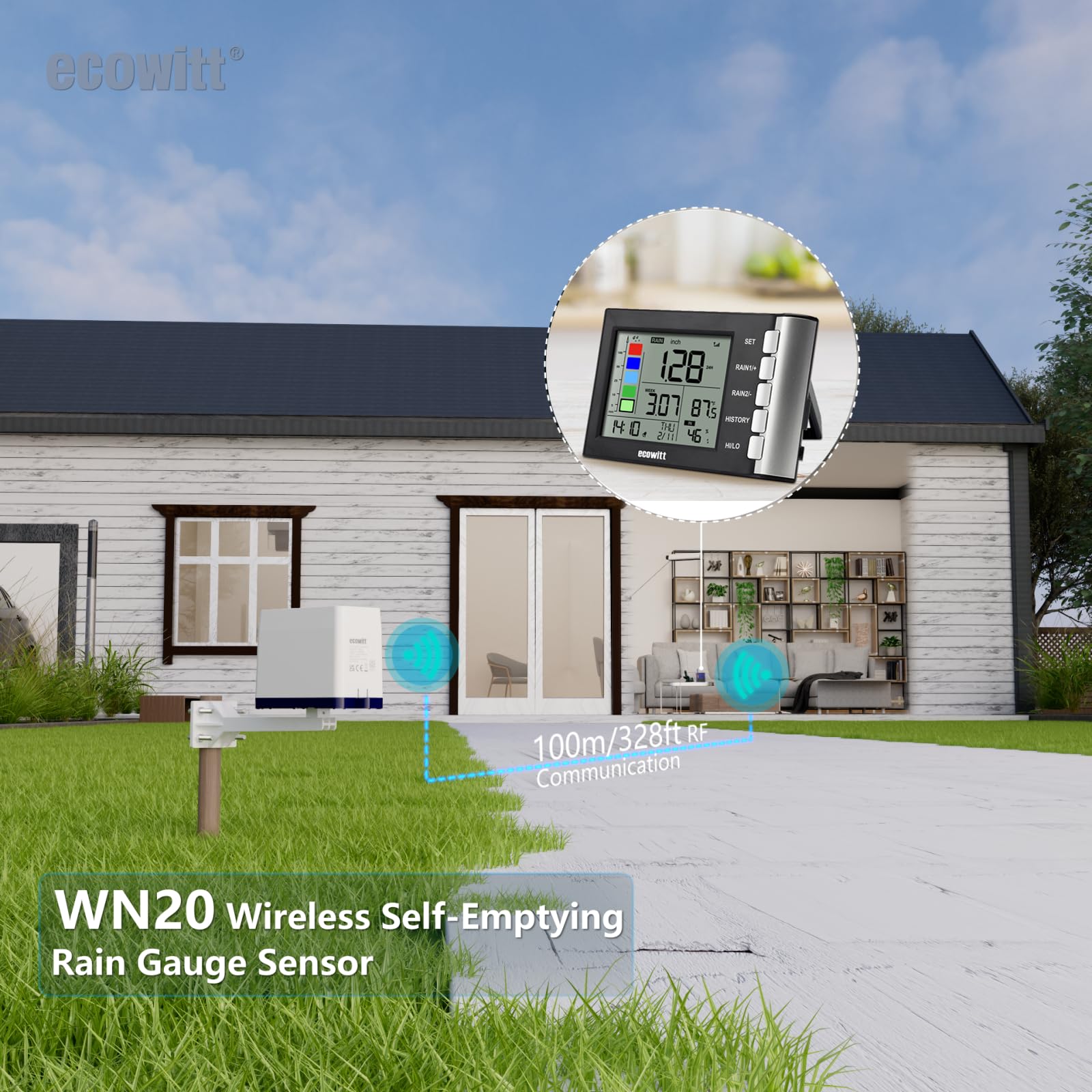 Ecowitt Mini WN20 Sensore pluviometrico + display digitale 3 in 1 ad alta precisione da 3,94 pollici con termometro-igrometro da interno, pluviometro con sistema di svuotamento automatico