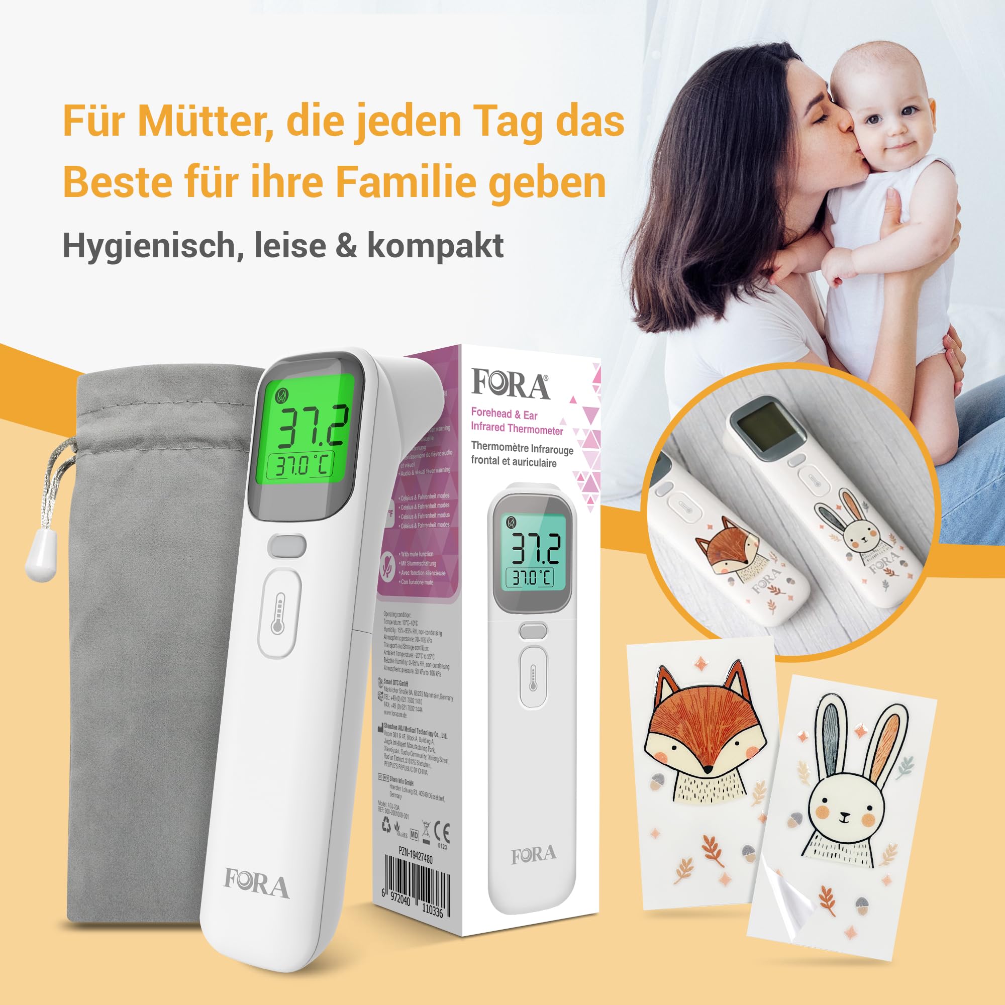 FORA Fieberthermometer Baby & Digital - Multi-Funktionsthermometer für Ohr und Stirn mit Farbcode-Fieberanzeige, Lautlosmodus, Speicherfunktion – Hygienisch & Kompakt für junge Mütter