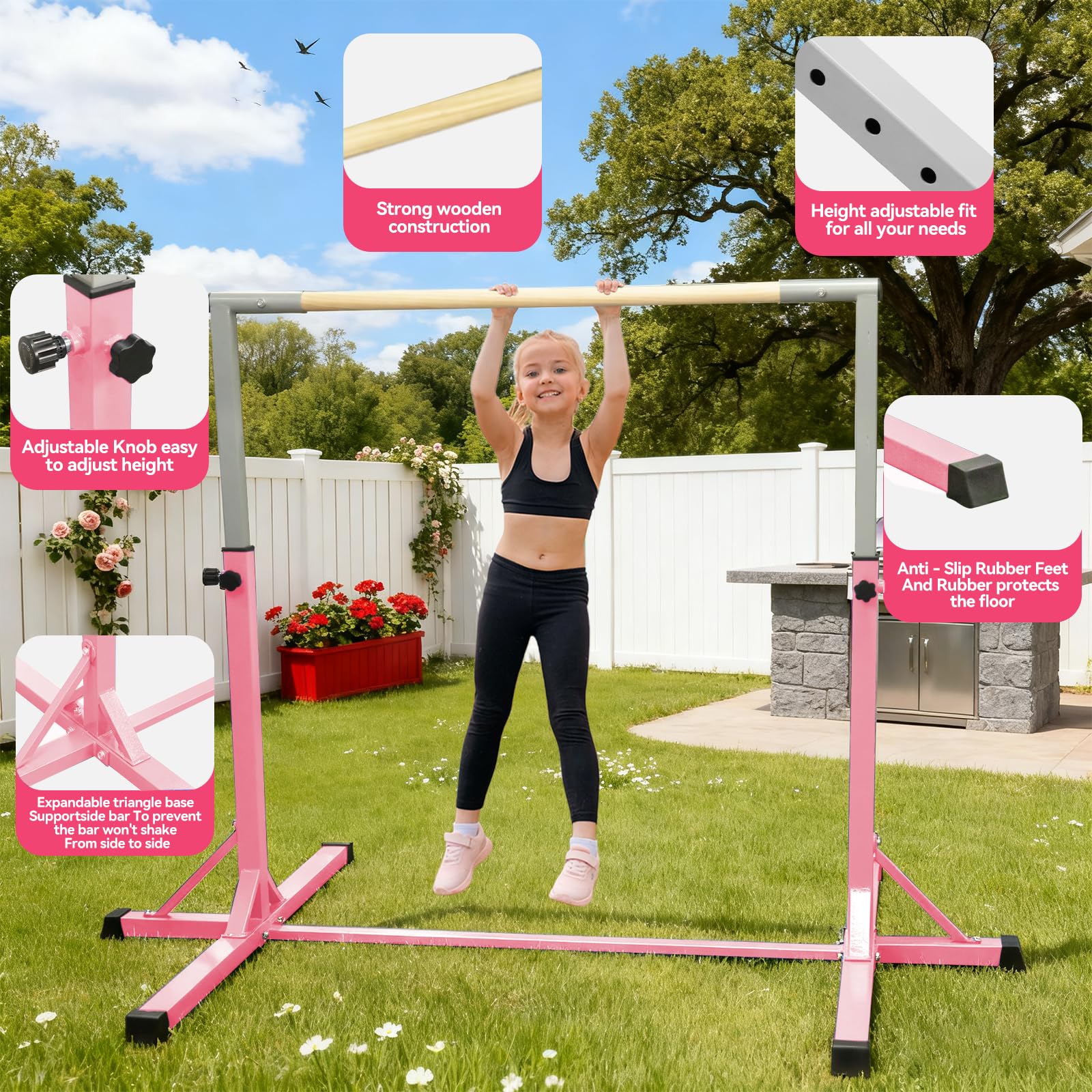 FBSPORT Trave Ginnastica Artistica per casa,Bar Orizzontale della Barra parallele Ginnastica per Bambini con Anelli ginnastici, 13 Attrezzature di Allenamento Regolabili in Altezza