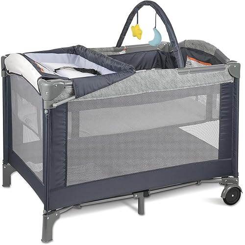 3-in-1 Pack and Play Playard with Bassinet and Changing Station | Portable Baby Crib for Travel, Foldable Play Pen for Newborns and Toddlers, 2 Locking Wheels, Breathable Mesh (Caramel)