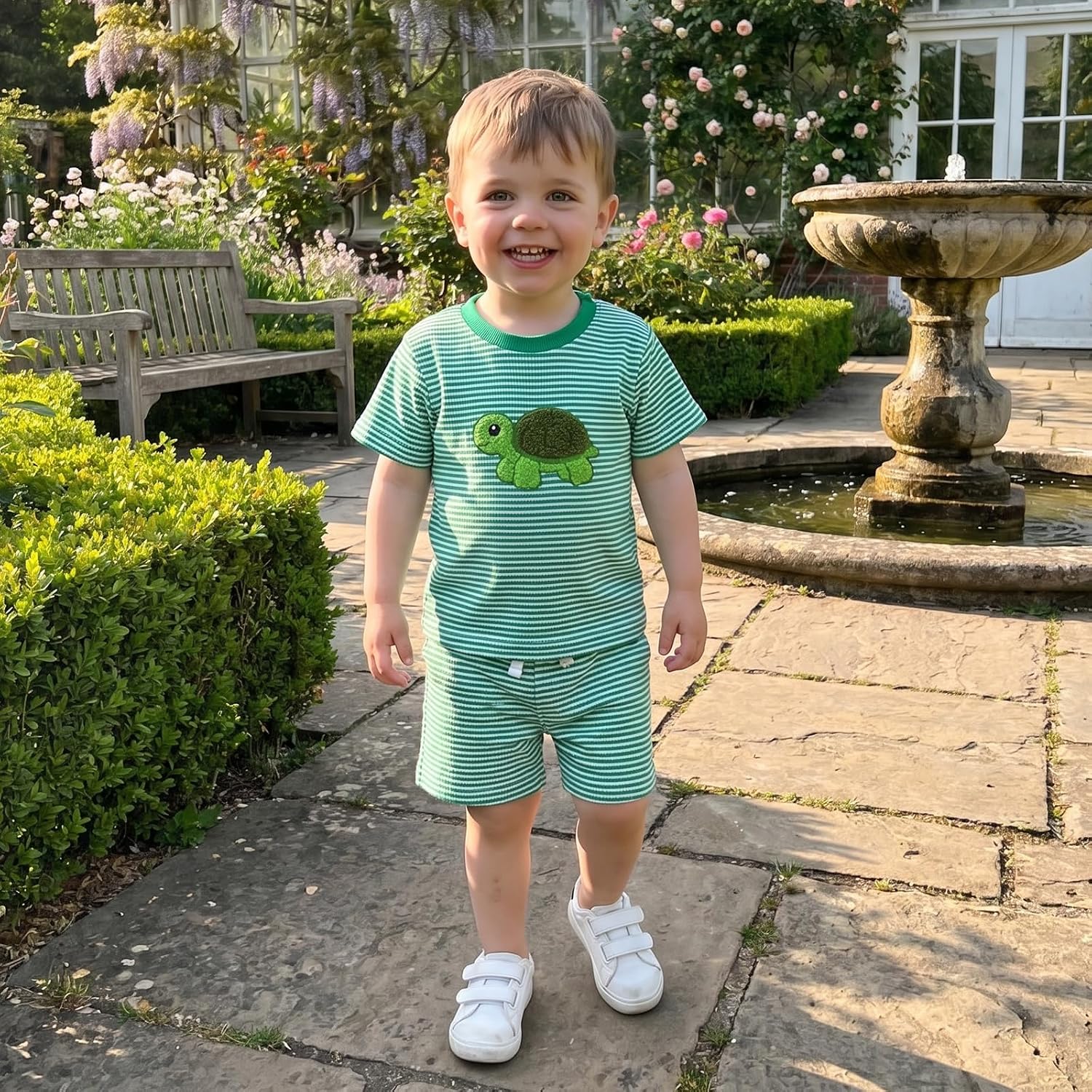 Baby Boy Summer Outfit Turtle Embroidered Short Sleeve Waffle T-shirts and Shorts Set Toddler Sea Animal Clothes