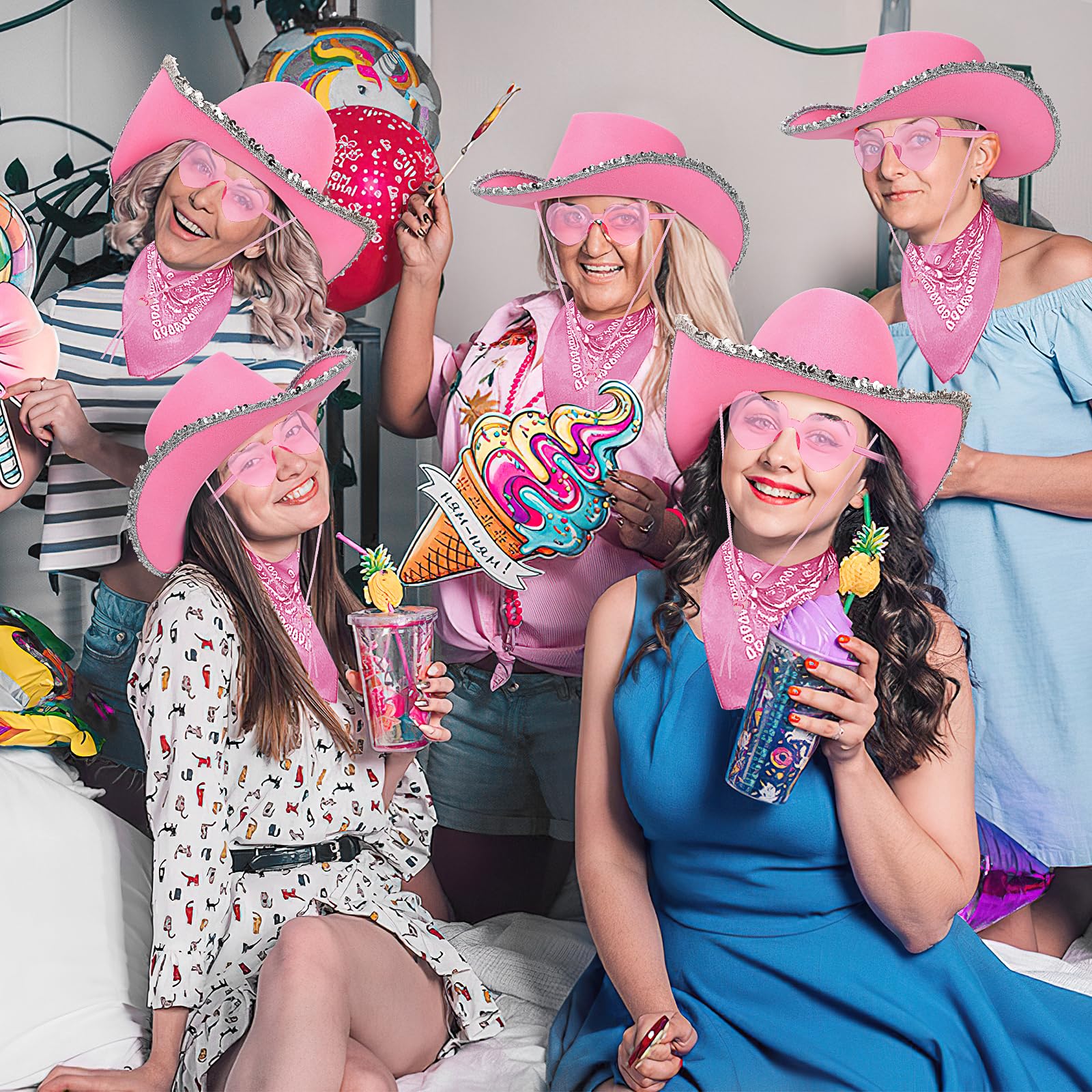18 pezzi cappello da cowgirl con occhiali a forma di cuore e bandana Paisley – set per donne e adolescenti