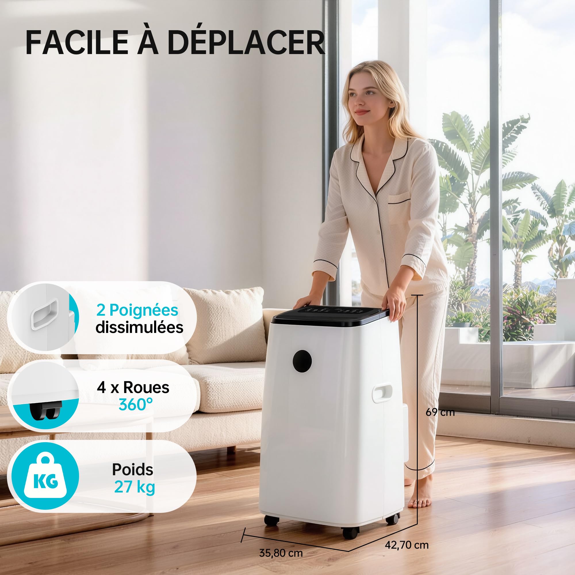 DOMANKI Climatiseur mobile 12000 BTU, clim portable 3-en-1 jusqu’à 50 m², mode nuit 48 dB, déshumidification 42 L/jour, tuyau d’évacuation, kit fenêtre inclus, minuteur 24h