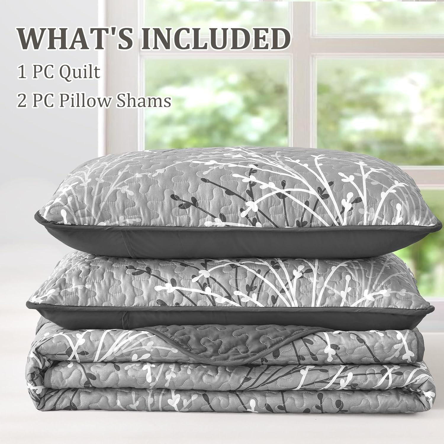 DJY Grey Quilt Set Queen Size - Branch Botanical Pattern Bedspread Coverlet Set, 3 Pieces Gray Floral Quilt Bedding Set, Soft Lightweight Microfiber Reversible Summer Quilt Set - Image 8
