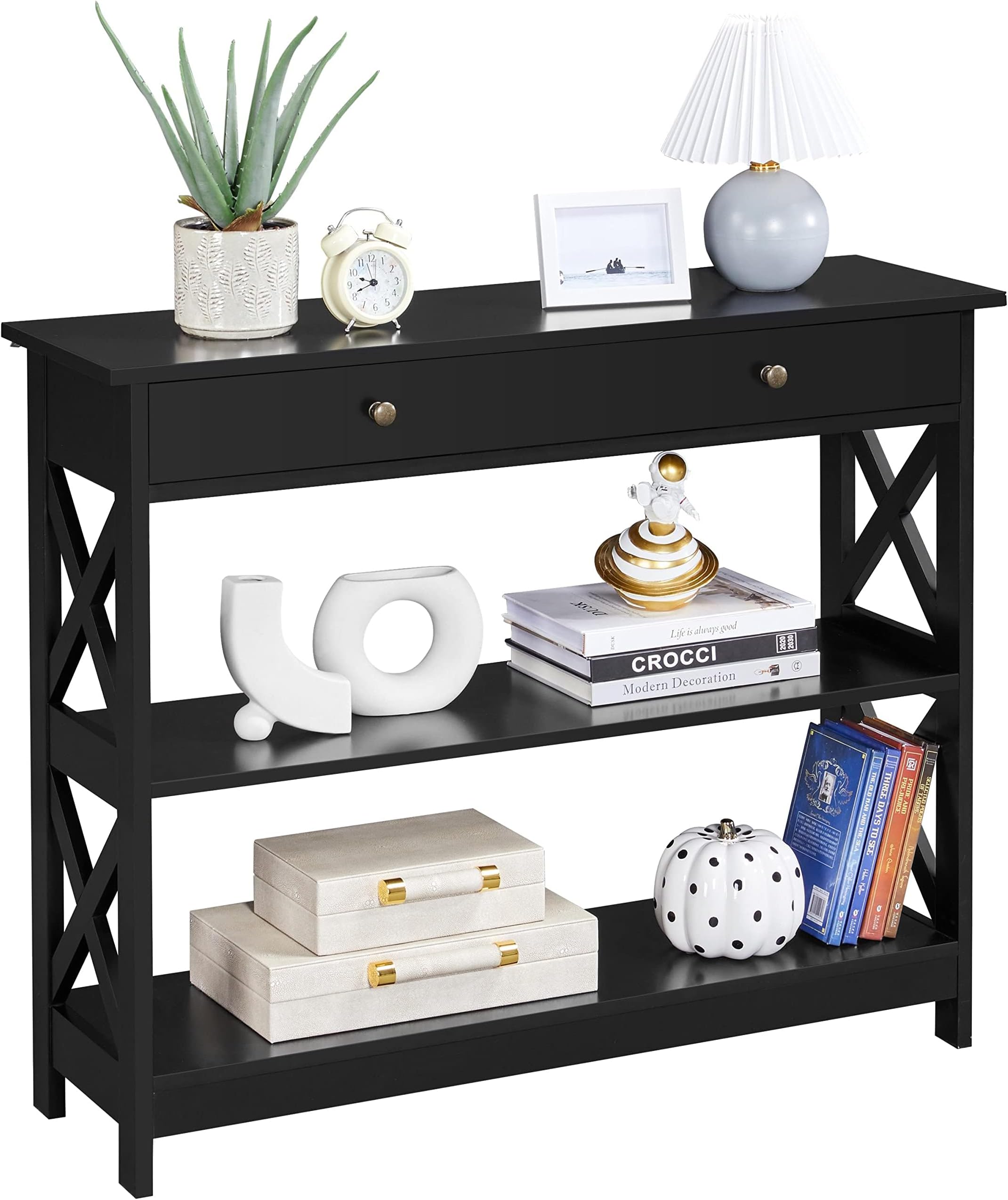 Yaheetech Console Table with Drawer and Storage Shelves, Wooden Console Sofa Table, 3-Tier Hallway Table for Entryway Living Room Bedroom, Easy Assembly, Black