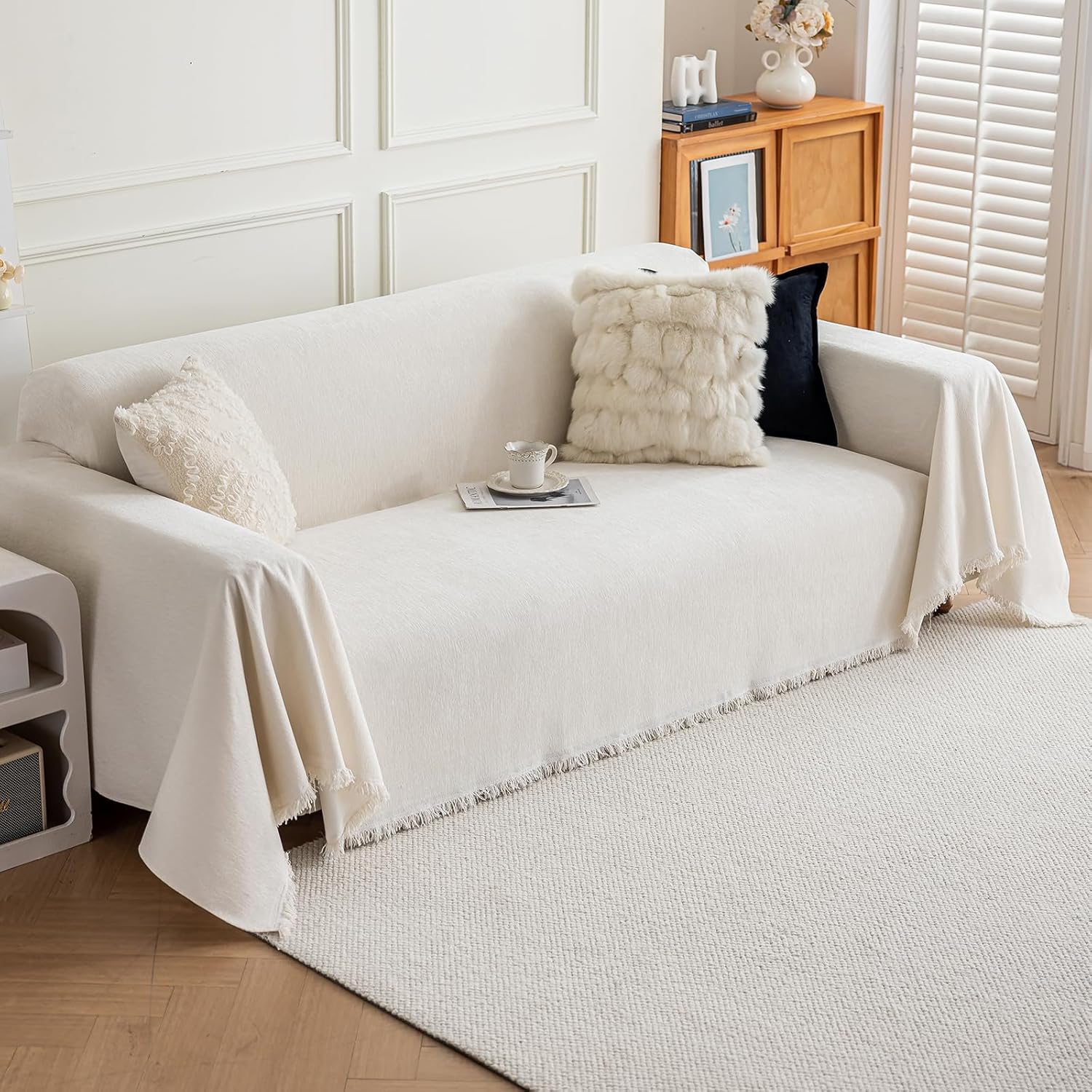 Deep Dream Chenille Sofa Cover, Couch Covers for 3 Cushion Couch, Washable Slipcovers for Sectional l Shaped Dogs Protector Furniture Covers (71" x 91", Beige)