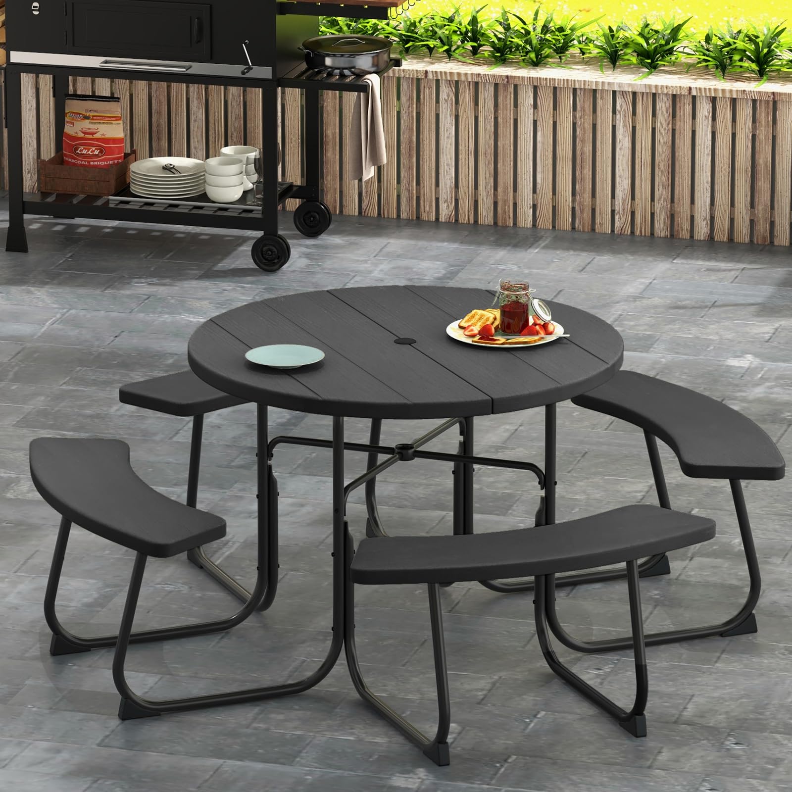 GIANTEX Set da Giardino e Picnic per 8 Persone, Tavolo Rotondo con 4 Panche Integrate, Tavolo da Birra in HDPE Impermeabile con Foro per Ombrellone, Arredamento da Esterno per Giardino e Terrazzo