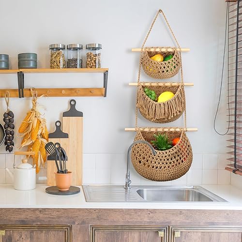 Miniatura 4 de Windyun 4 cestas colgantes de frutas para colgar en forma de lágrima, cuerda de algodón tejida a mano, 3 niveles sobre la puerta, organizador para