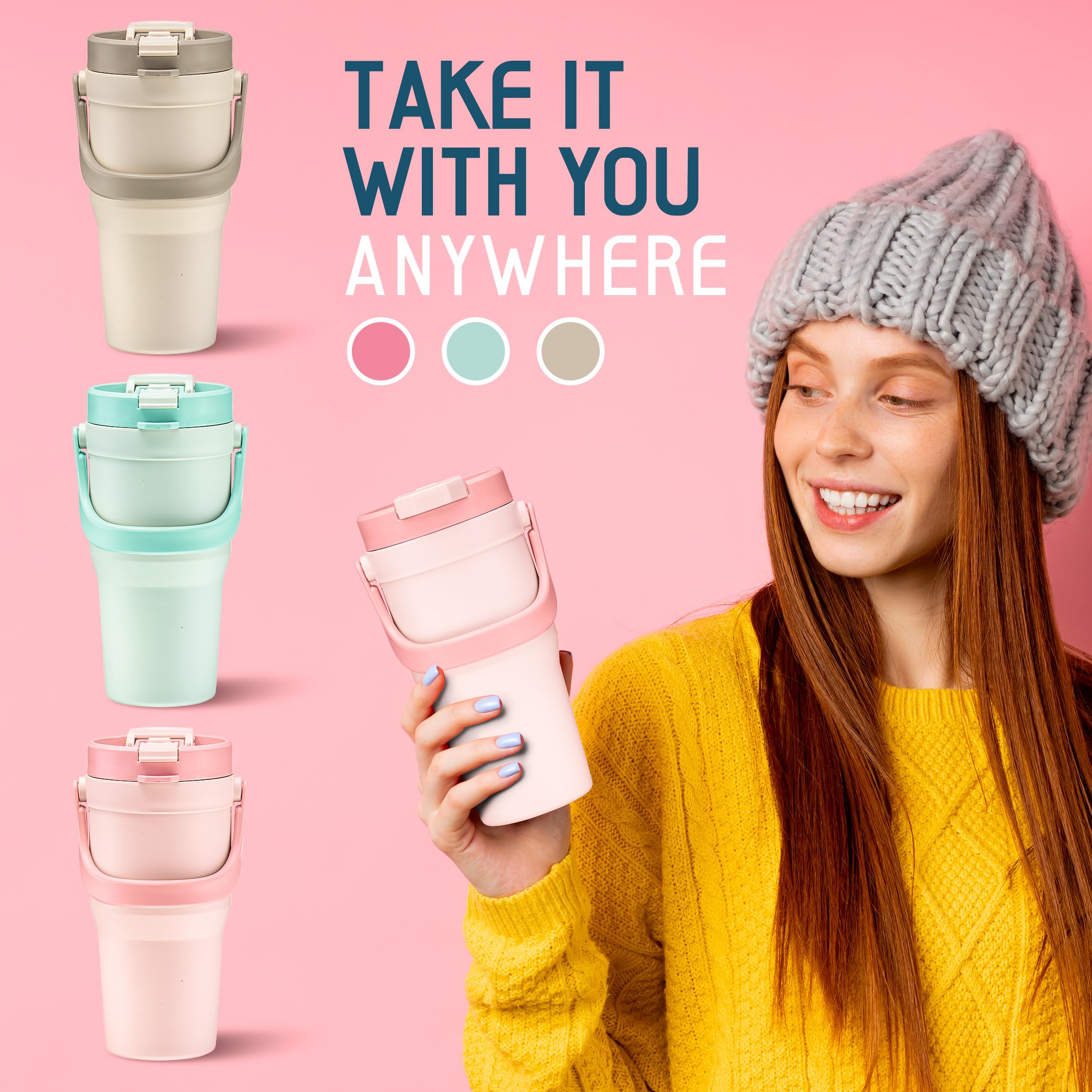 Taza de viaje de plástico reutilizable con asa, tapa a prueba de fugas, apta para microondas y lavavajillas, 24 onzas, verde (rosa)