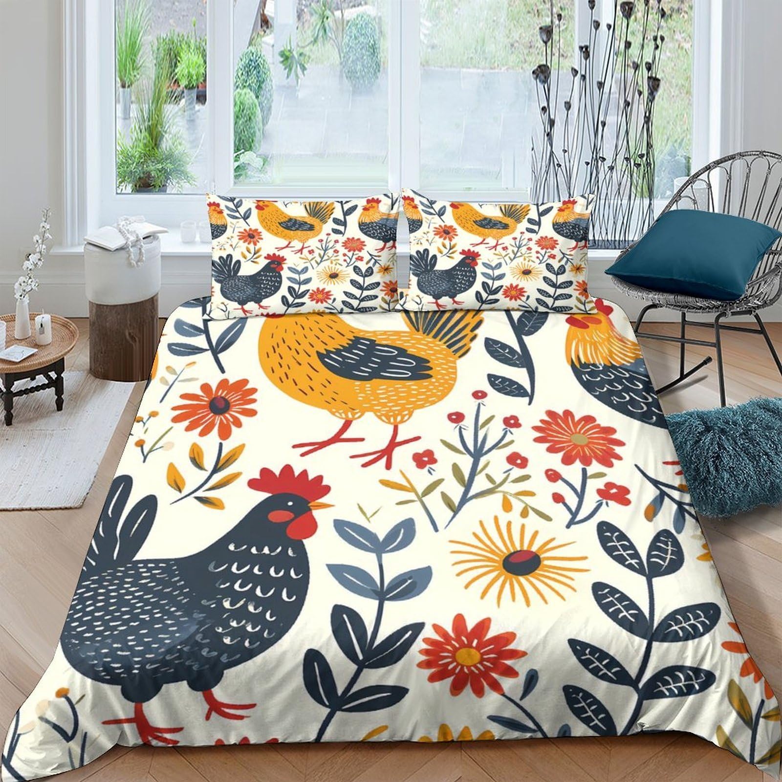 Ctjqhvkz Style-4 3D Printed Rooster Floral Fitted Sheet Microfiber Soft Anti-Slip Hen Flower Mattress Cover For Bedroom Guest Room Decor Single（135X200cm）