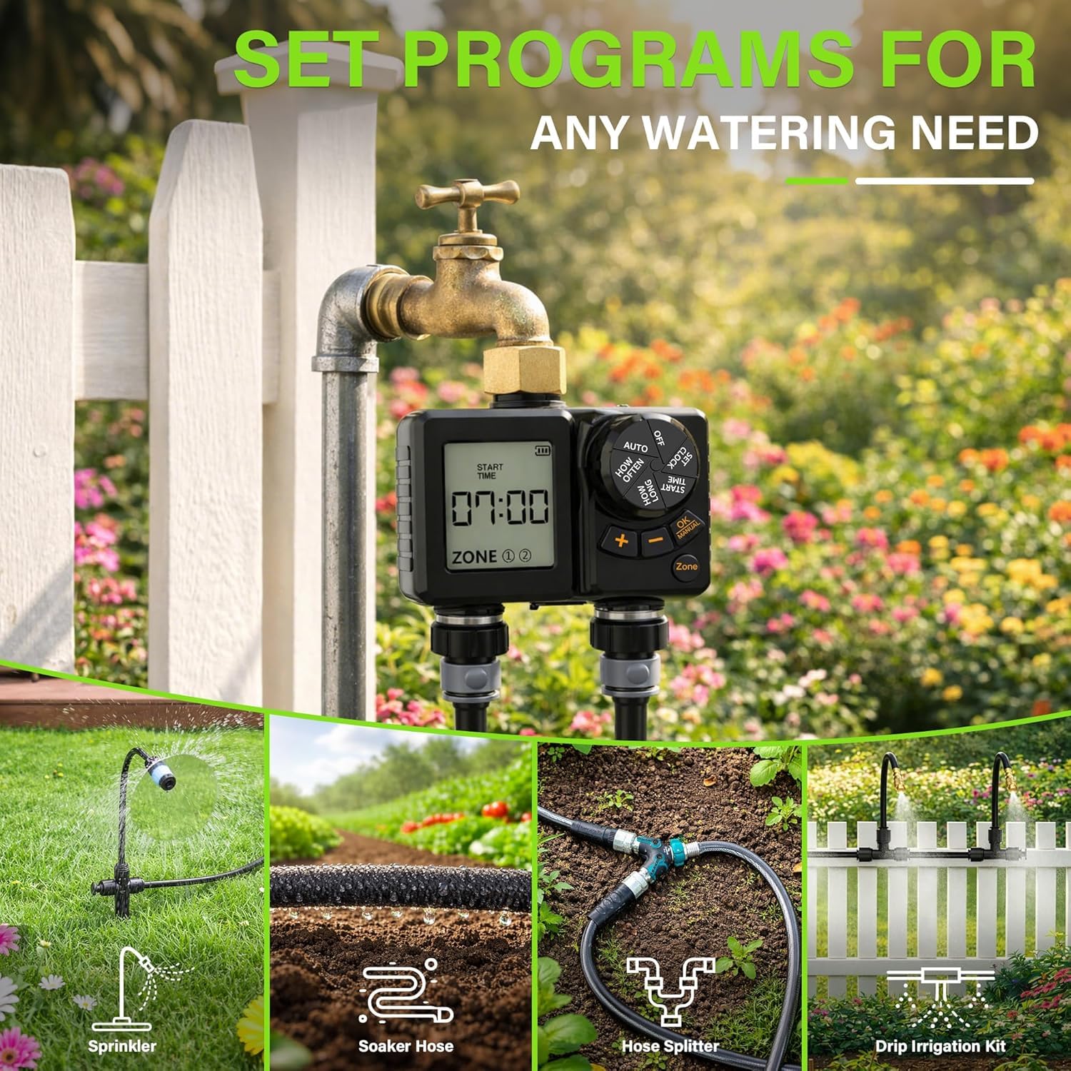 Programmateur Arrosage 2 Voies 2000mAh Rechargeable IPX6 Étanche Minuteur Arrosage Automatique, LCD 2.8", Entrée Laiton, Retard de Pluie, Arrosage Automatique et Manuel pour Jardin Pelouse