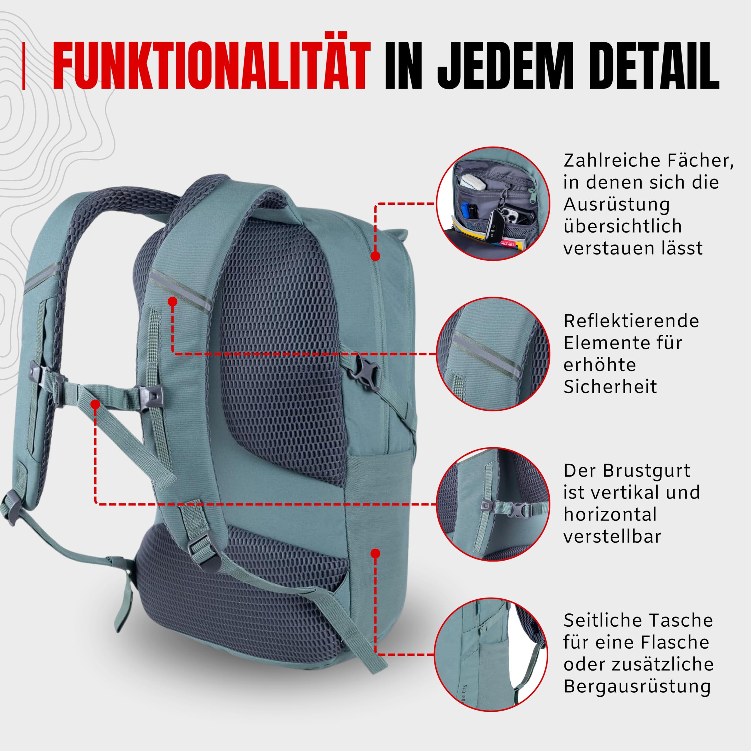 Alpinus - Wanderrucksack Grenoble 25 L, Rucksack Sport und Outdoor, Stadtrucksack Große Hauptkammer, Robustes Material, Backpacking Ergonomisch Geformte, Trekkingrucksack - Salbeifarben