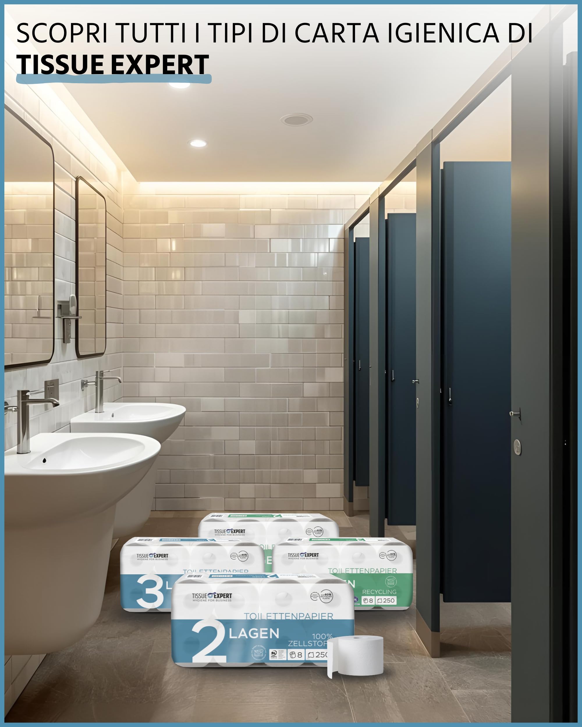 Carta igienica a 2 strati, 128 rotoli x 250 fogli, 100% cellulosa, carta igienica super morbida, confezione grande per uso commerciale, ideale per uso multiuso, imballaggio 60% PCR (128