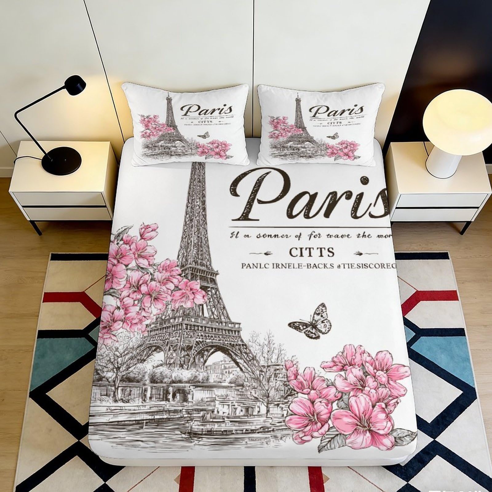 3D Printed Paris Floral Fitted Sheet Microfiber Soft Breathable Eiffel Tower Bed Cover for Bedroom Dormitory Guest Room Mattress Protection Decor 140x200x25cm