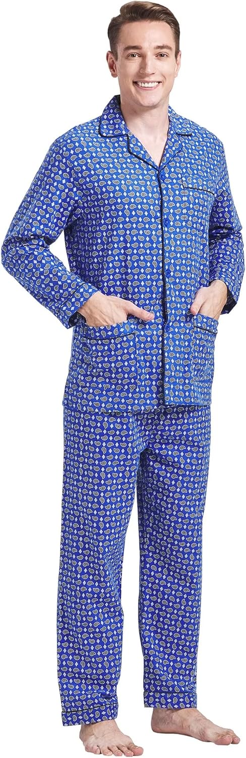Amaxer Men’s 100% Cotton Pajamas Set Flannel Long Sleeves Pijamas For Men Pockets Button Pjs Elastic High Waist - Image 4