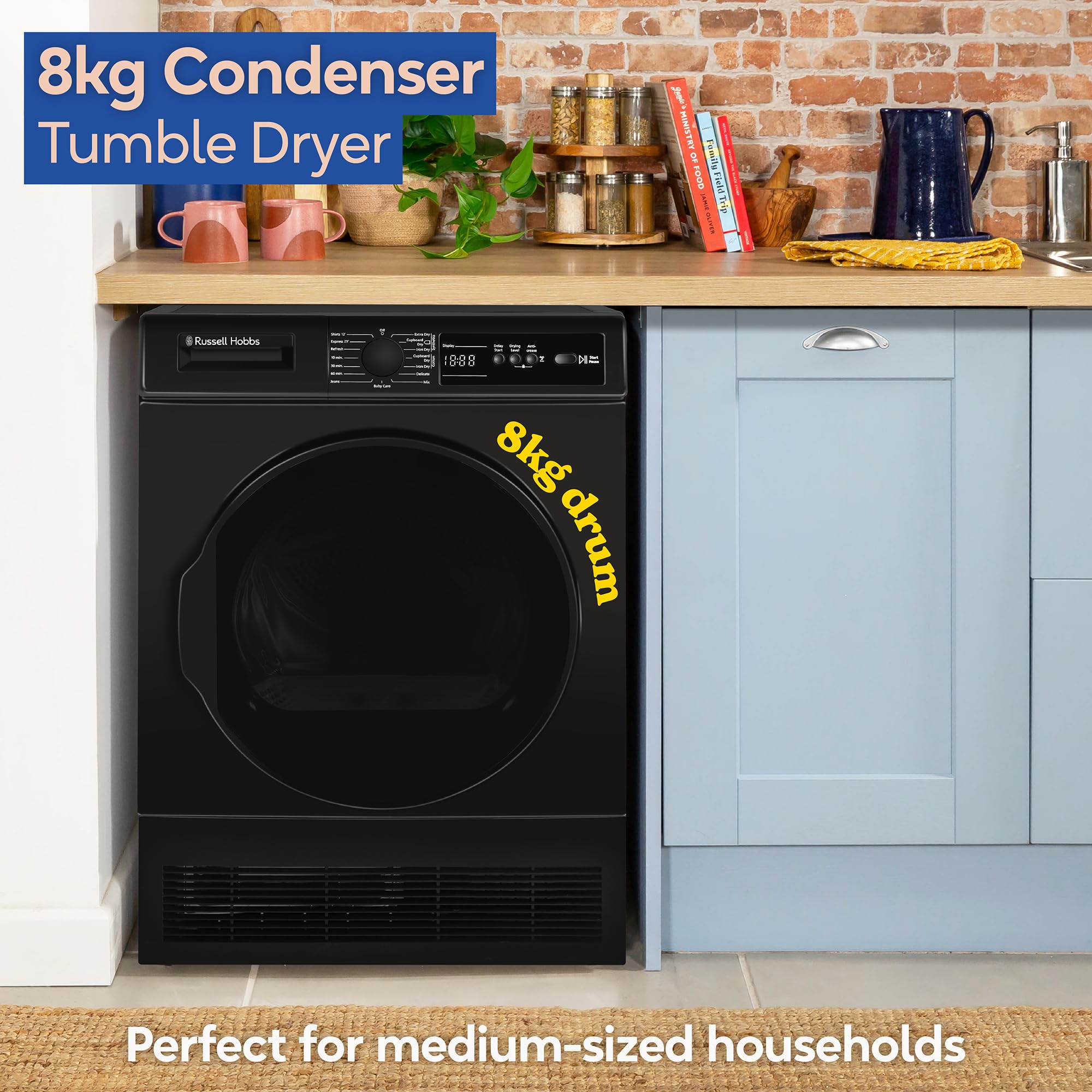 Russell Hobbs Freestanding Condenser Dryer Electric Tumble Dryer 15 Programmes 8kg Capacity 3 Heat Settings LED Display DelayStart Anti-Crease Child Lock Black Clothes Dryer RH8CTD111B - 3