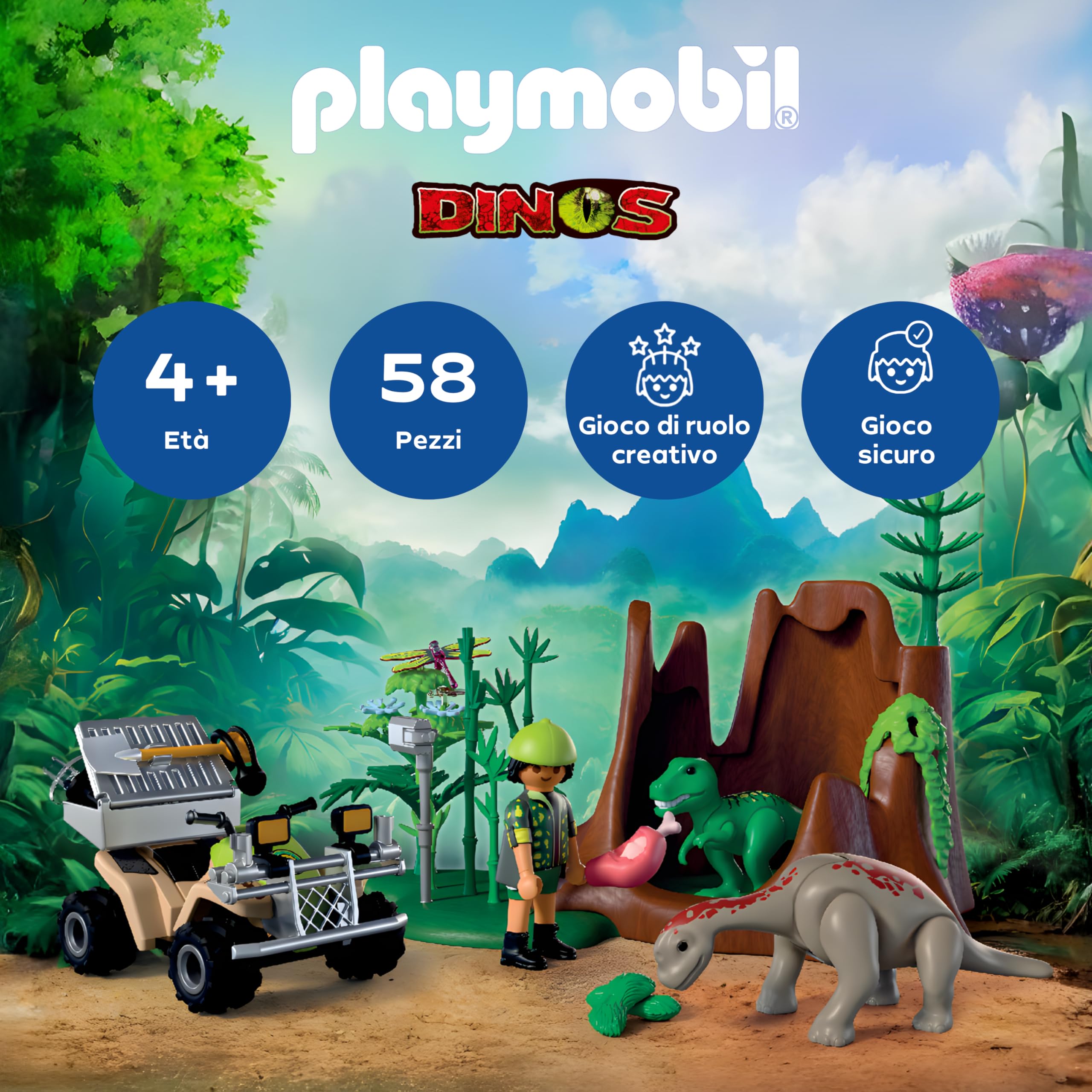 PLAYMOBIL | Dinos | Dinosauri Hideout | Dino Explorer con Quad, Baby T-Rex e Baby Brachiosaurus | Giocattolo per bambini dai 4 anni in su | 72069