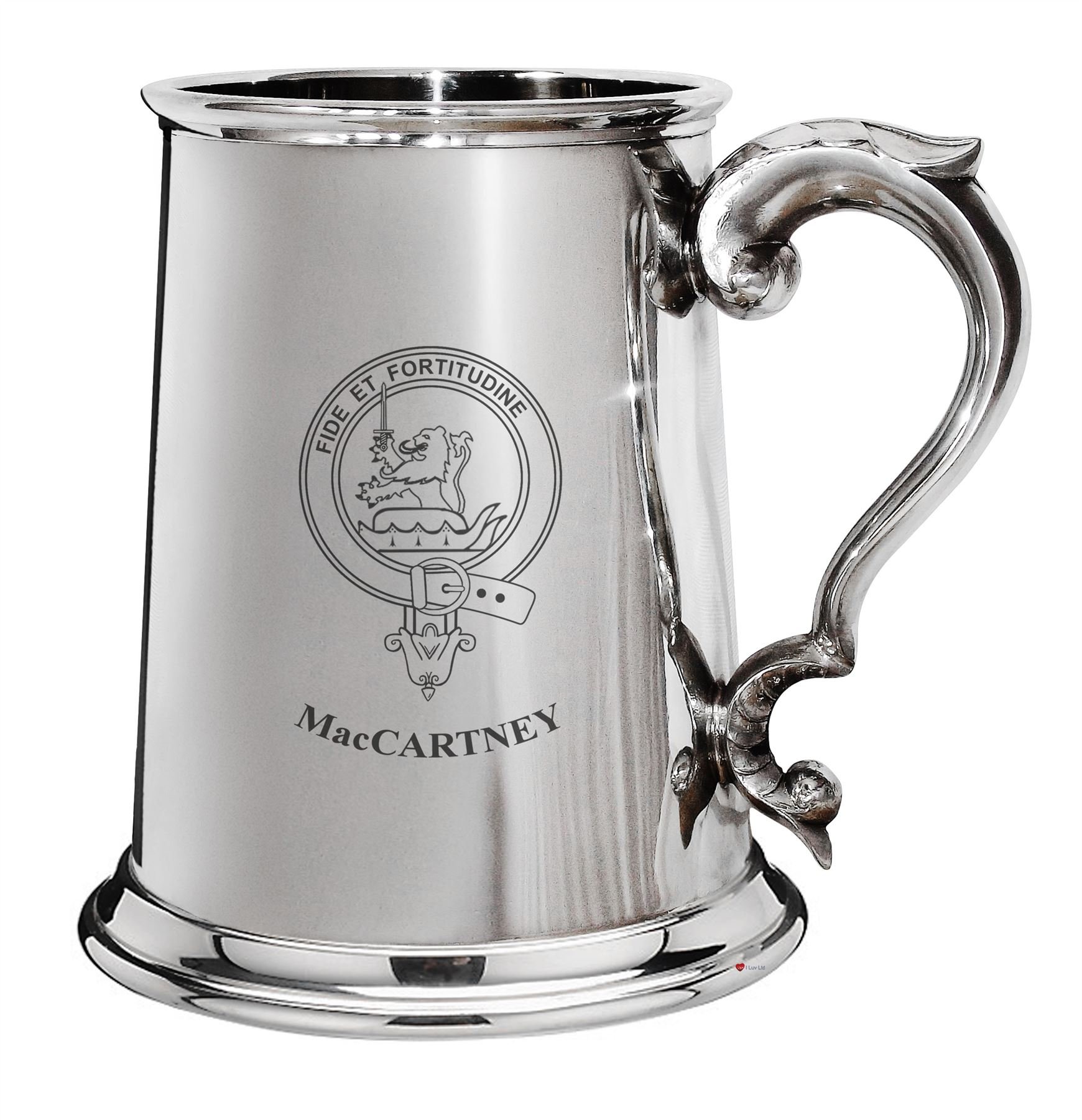 Jarra de cerveza MacCartney de peltre pulido 1 pinta con cresta familiar