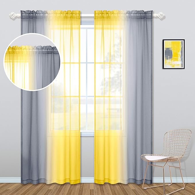 KOUFALL Yellow and Gray Curtains 84 Inch Length for Living