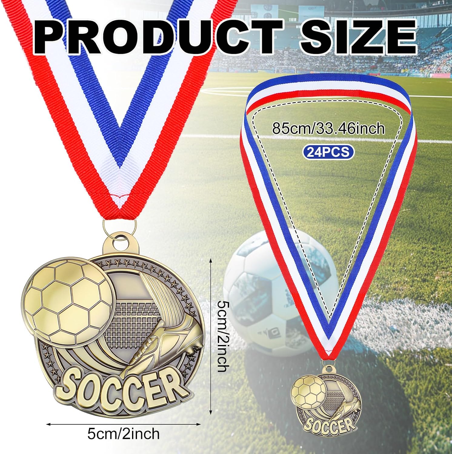 24 Pcs Gold Medals Bulk 2 Inch Award Ribbons Sports Themed Metal Medal Trophy for Team Day Tournaments Birthday Party Winner Gifts