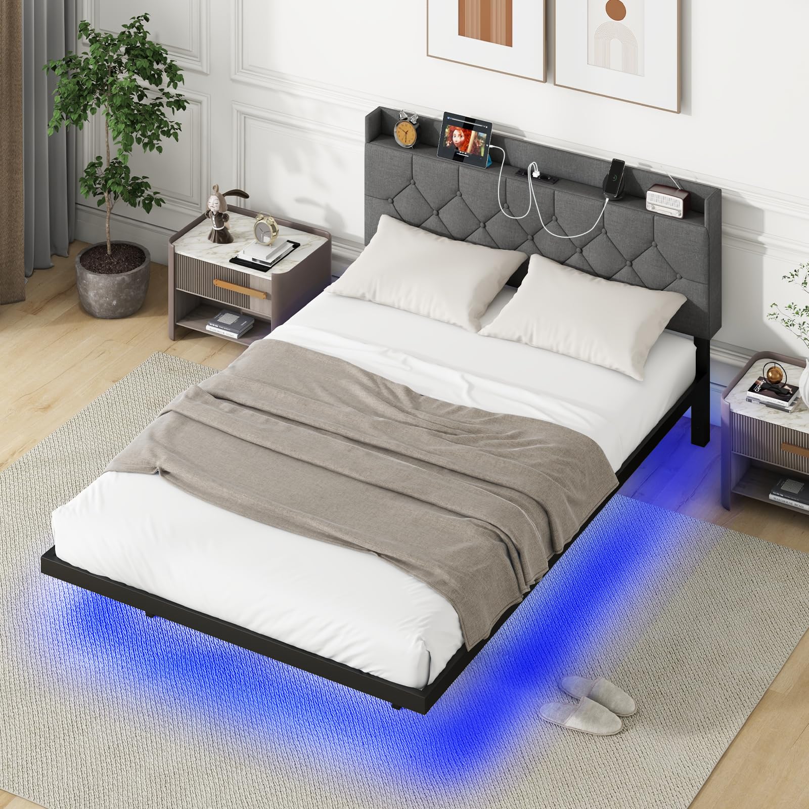 COSTWAY Łóżko tapicerowane z oświetleniem LED i stacją ładującą, 140 x 200 cm, łóżko z regulowanym, wyściełanym zagłówkiem i stelażem, łóżko podwójne, rama łóżka