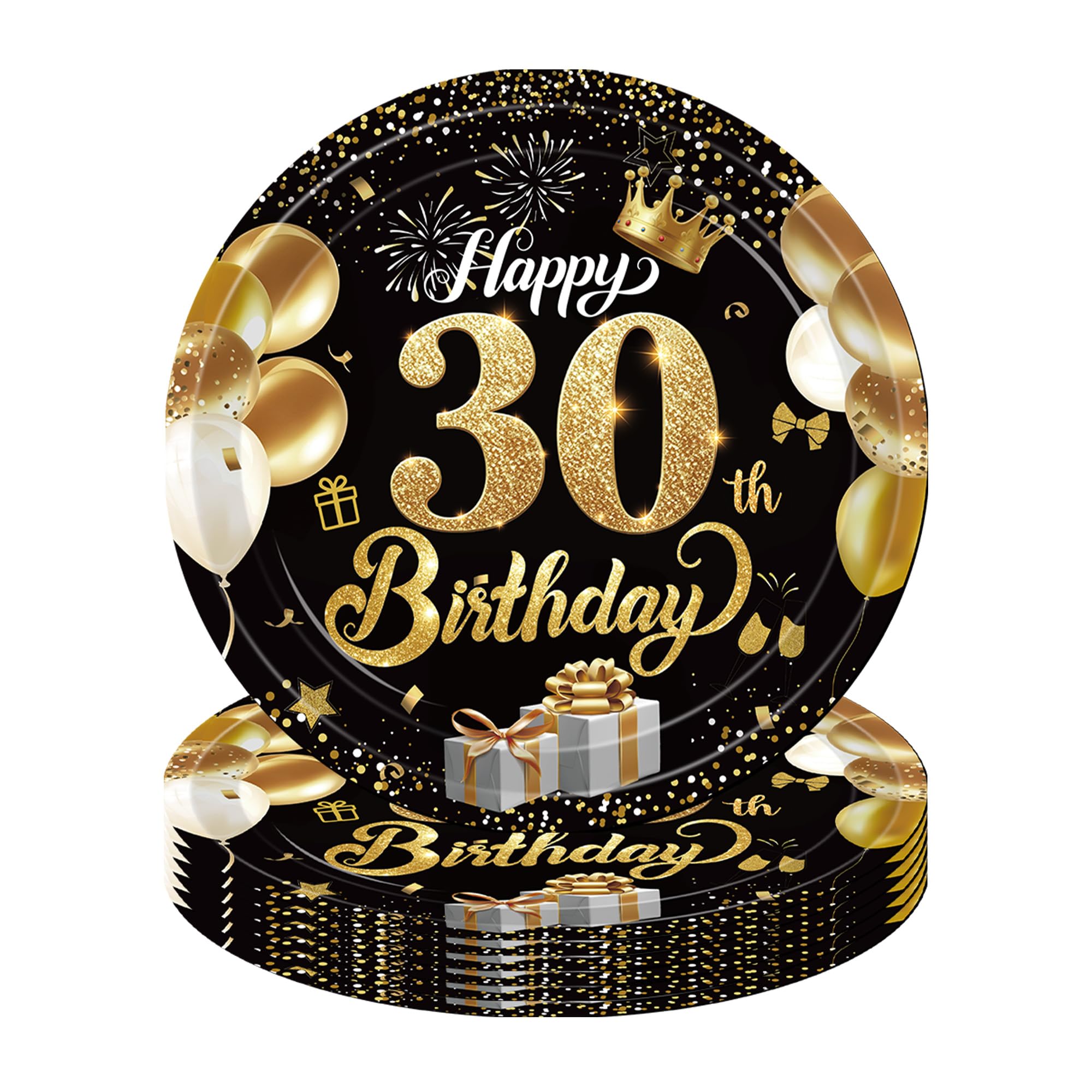 YESAH 30th Black Gold 9 Inch Birthday Paper Plates 16 Pack Party Dinnerware