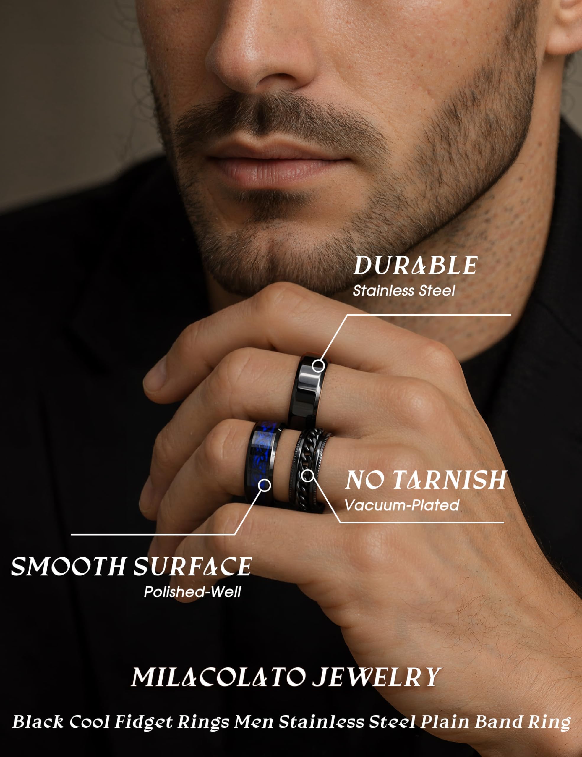 Milacolato 3 Anello Uomo Nero Acciaio Inossidabile Anello Antistress Cool Catena Ritorta Ferma Anello Celtico Drago Fascia Anello Spinner Anelli Apribottiglie di Birra, Larga 8mm