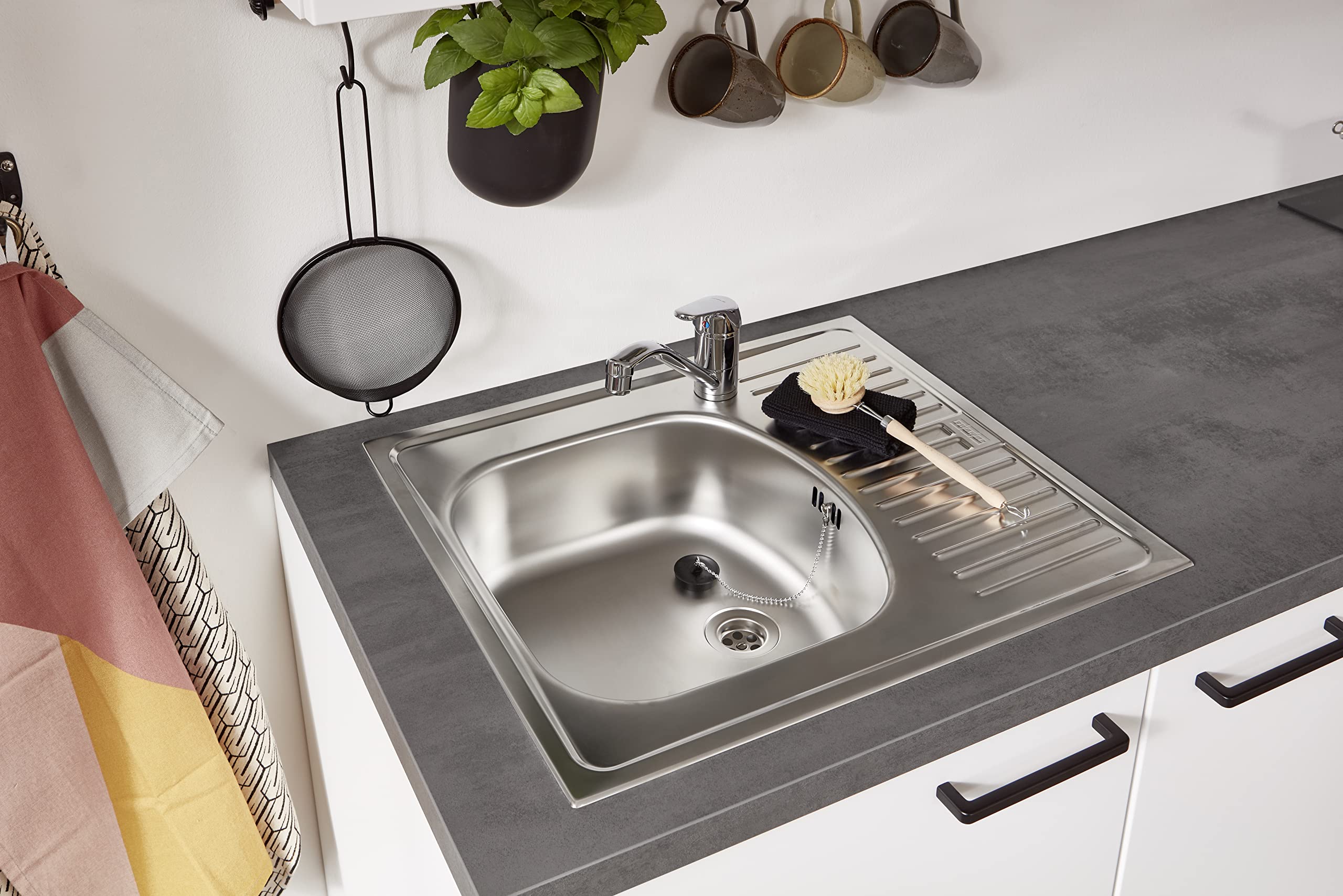 WALLERS cuisine complète 180 cm : Meubles 19mm + Plan de travail 3,8cm + Frigo intégré table top + Plaque de cuisson 2 foyers + Mitigeur (180 cm évier à gauche, Plan de travail couleur chêne)