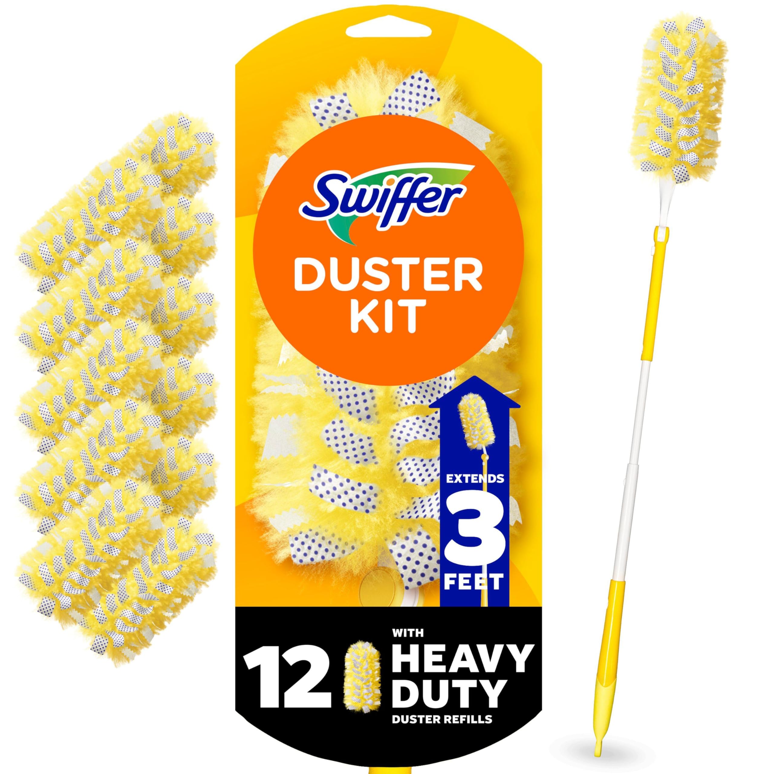 Swiffer Duster Heavy Duty Dusting Kit, Cleaning Supplies, 3 ft Extended Handle, 1 Duster, 12 Refills