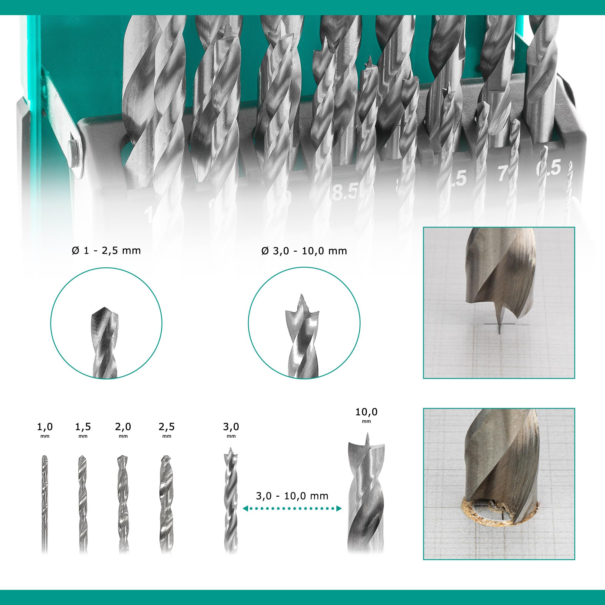ENT 09219 Jeu de 19 Forets à Bois HSS - 1-10 mm - par Gradations de 0.5 mm