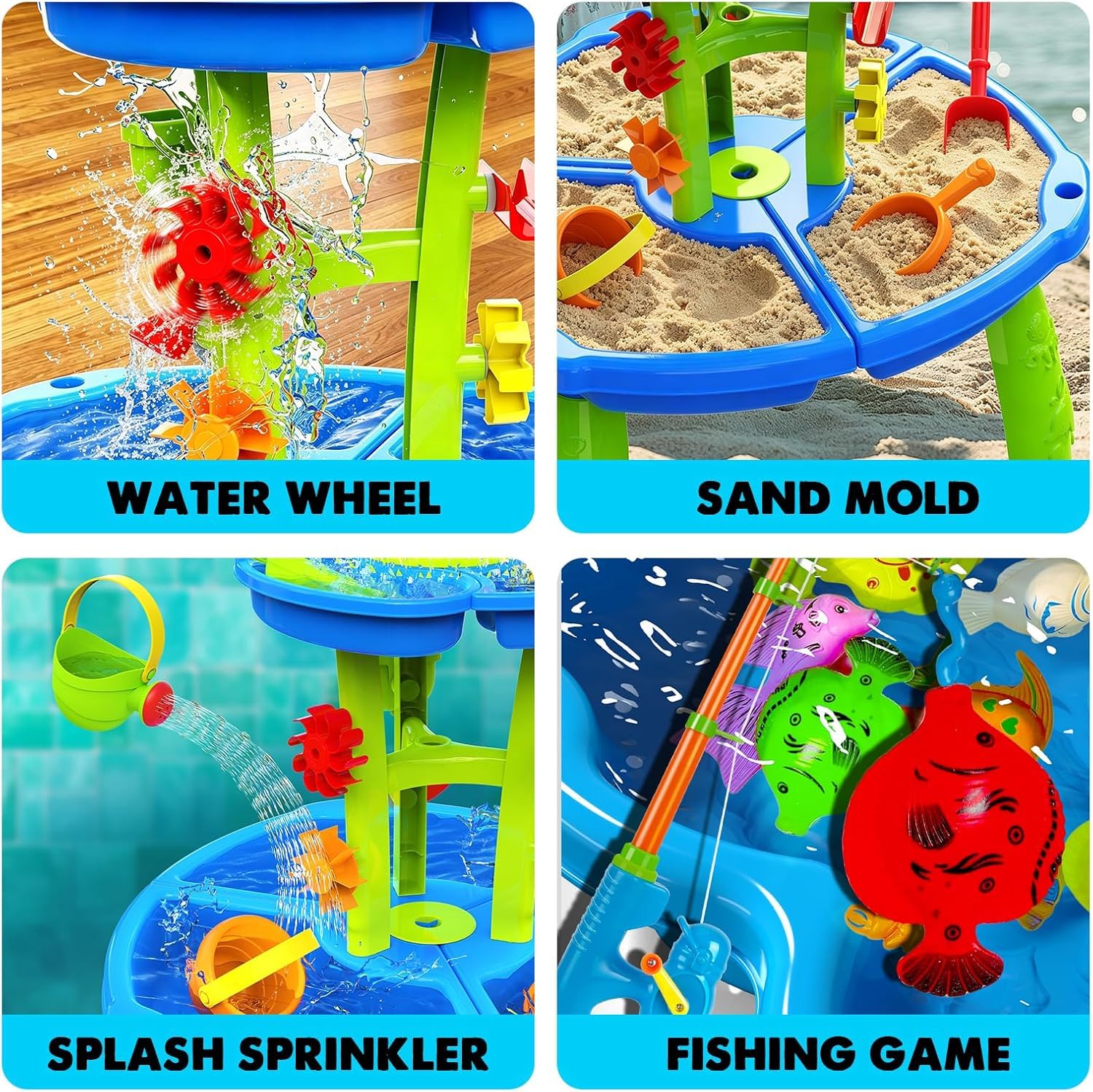 CozyBomB Tavolo da gioco d'acqua e sabbia per bambini, da esterno, a 3 piani, con ruota d'acqua, irrigatore e gioco di pesca, giocattolo d'acqua per bambini da esterno dai 3, 4, 5 anni, set completo