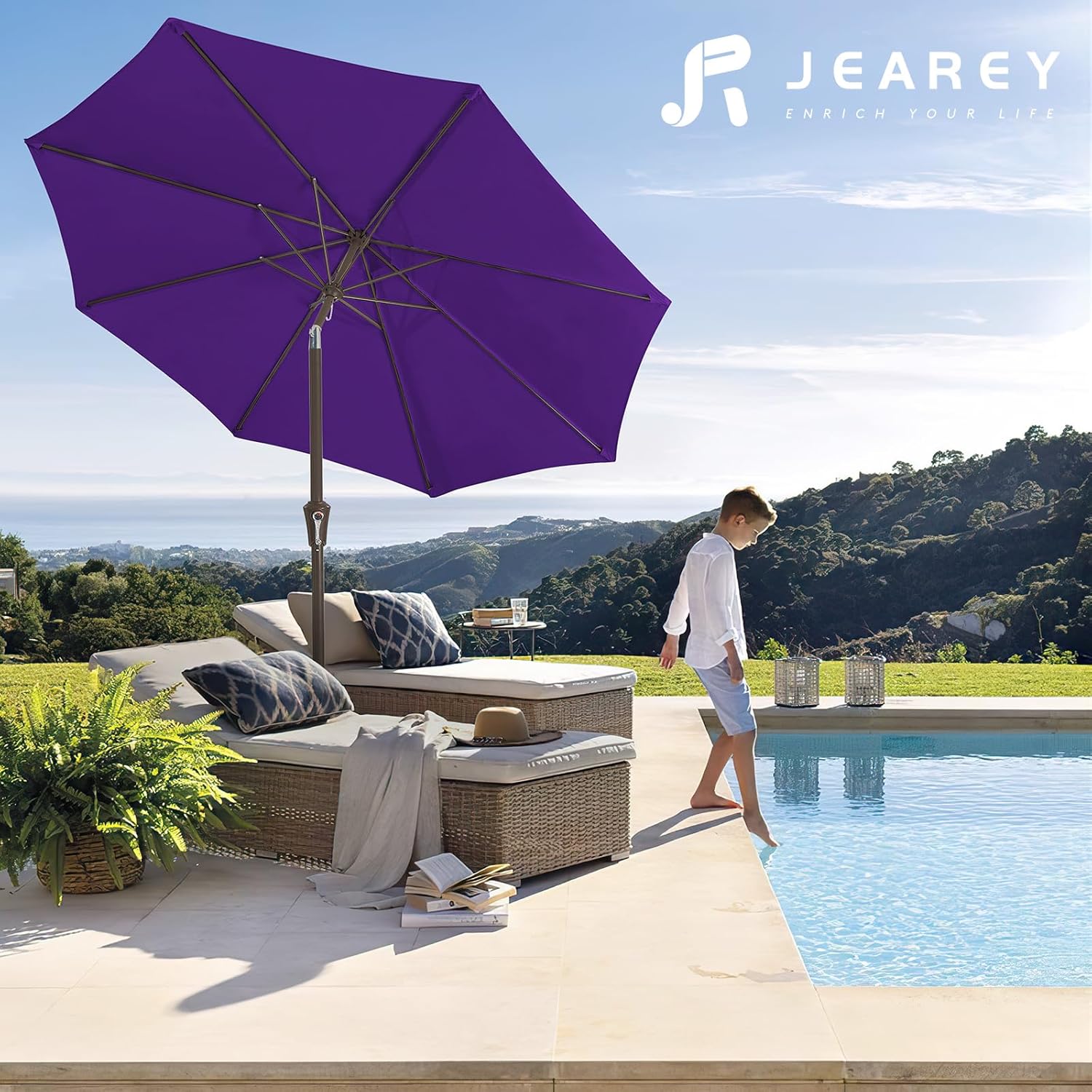 JEAREY 9FT Outdoor Patio Umbrella Outdoor Table Umbrella with Push Button Tilt and Crank, Market Umbrella 8 Sturdy Ribs UV Protection Waterproof for Garden, Deck, Backyard, Pool (Dark Purple) - Image 6