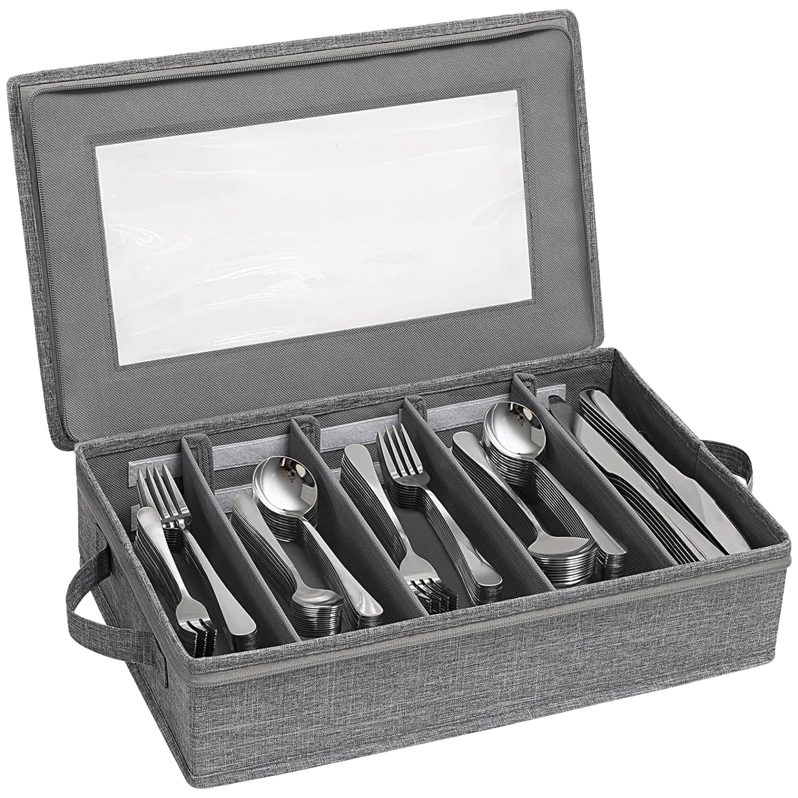 Portaposate con coperchio, contenitore per posate, scatola portaposate con 5 scomparti regolabili, per coltelli, forchette, cucchiai, cucina, ristorante e campeggio (43 x 26 x 10 cm)